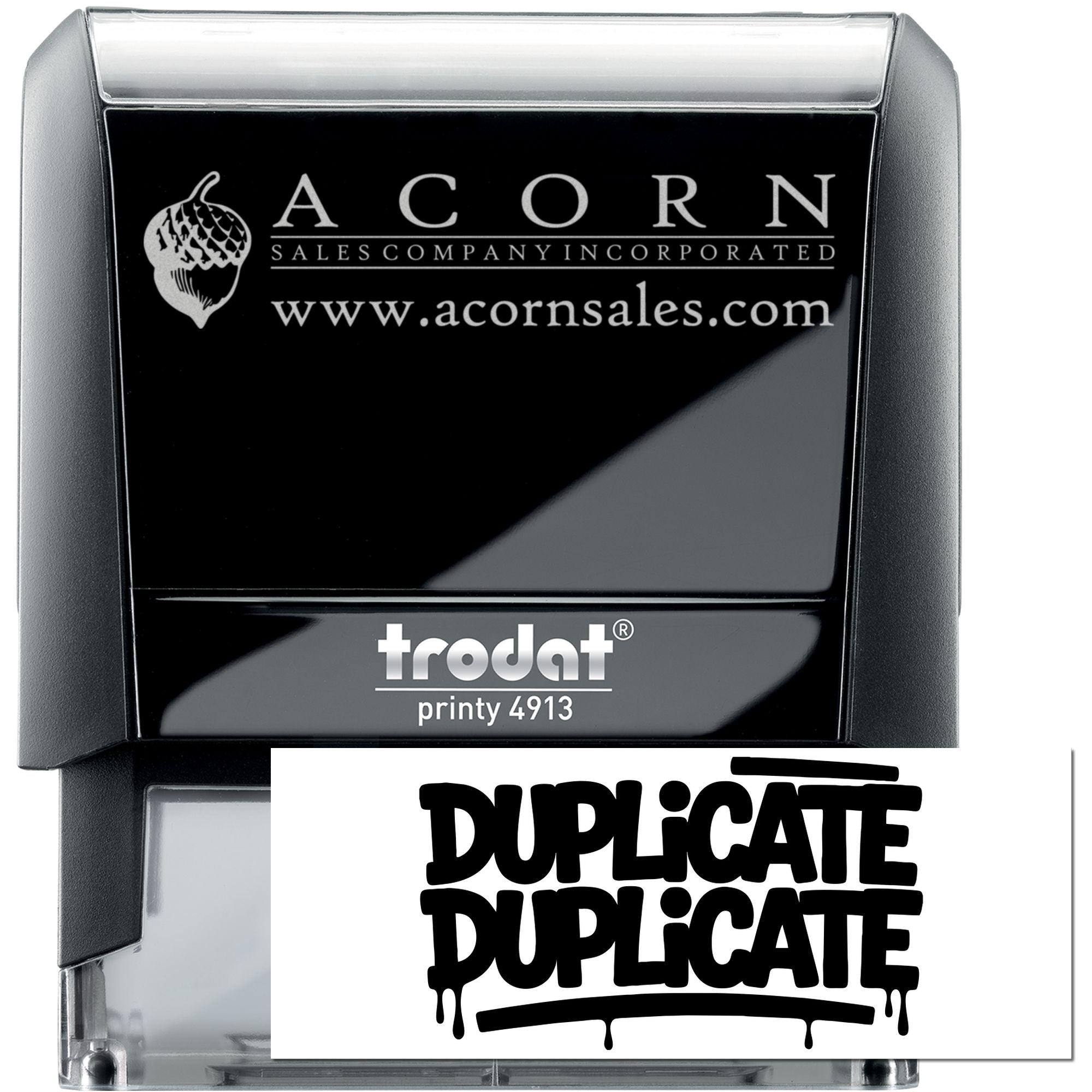 Custom Trodat Printy 4913 self-inking rubber stamp with Acorn Sales logo and website, ideal for branded business imprinting.
