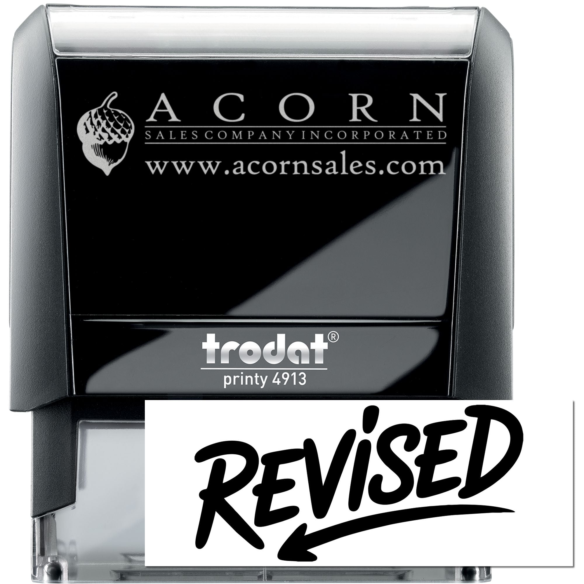 Custom self-inking rubber stamp with Acorn Sales Company logo and Revised imprint, Trodat Printy 4913 business stamp.