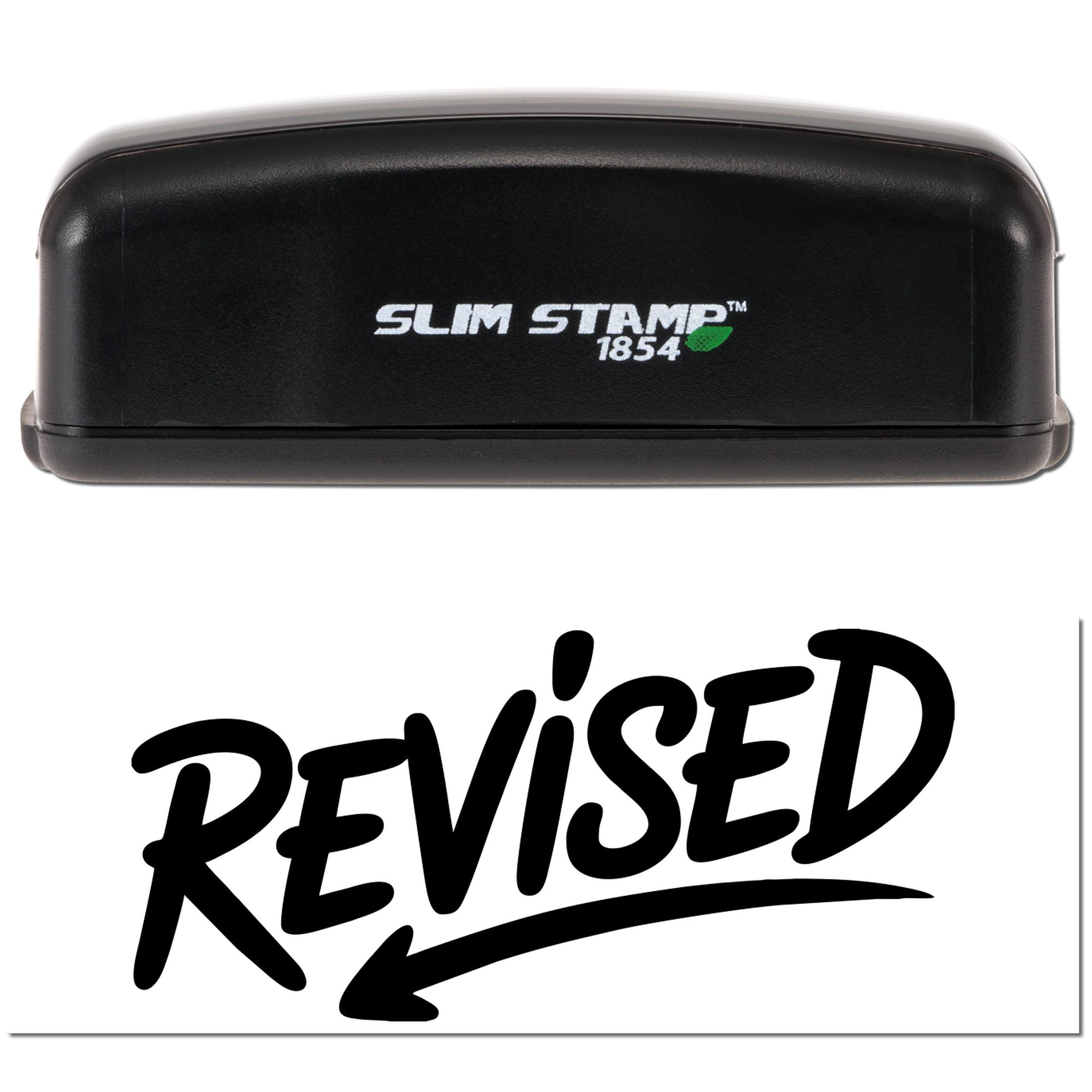 Black Slim Stamp 1854 self-inking rubber stamp imprint reading REVISED for office document approval.