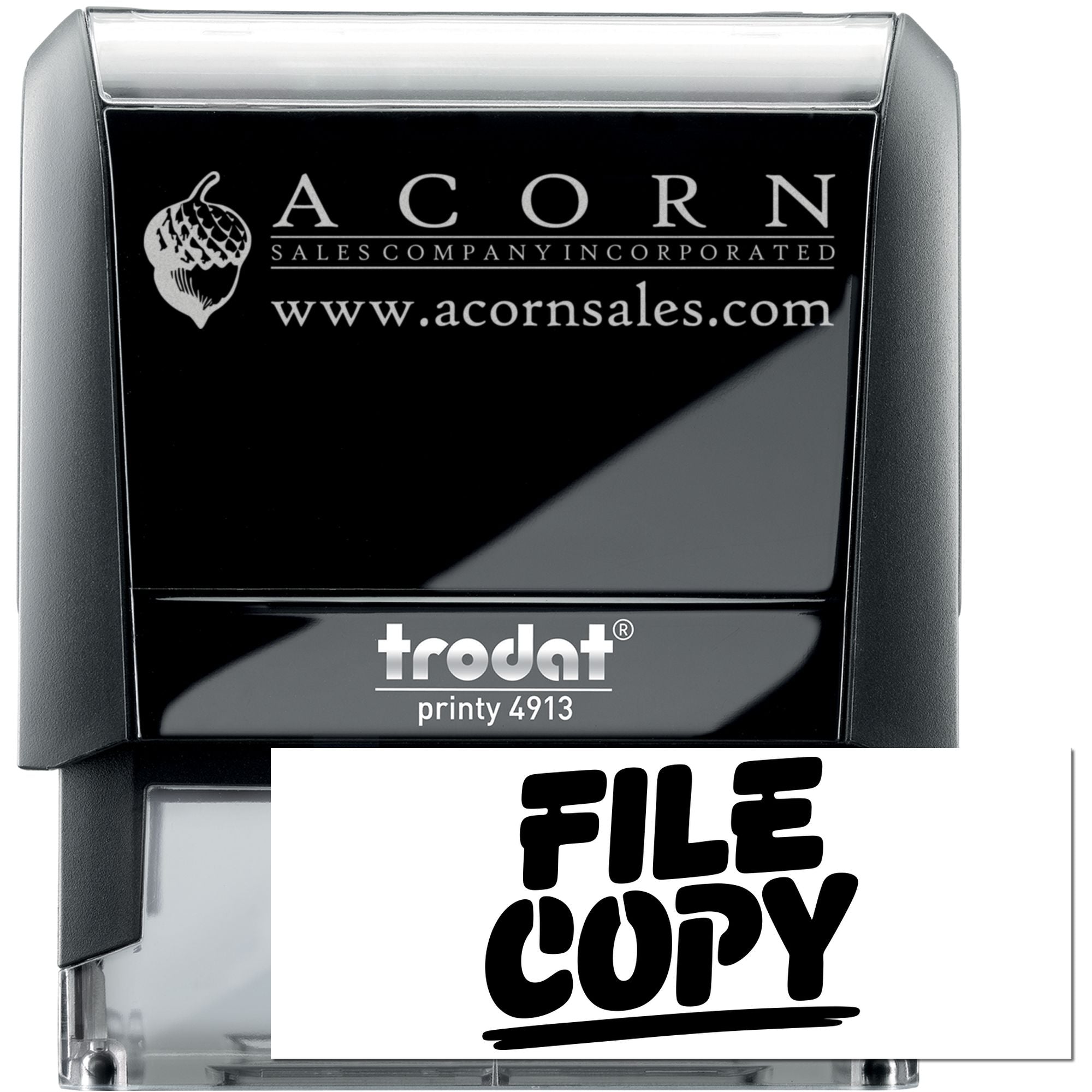 Custom self-inking rubber stamp with FILE COPY imprint, Trodat Printy 4913, ideal for office document marking.