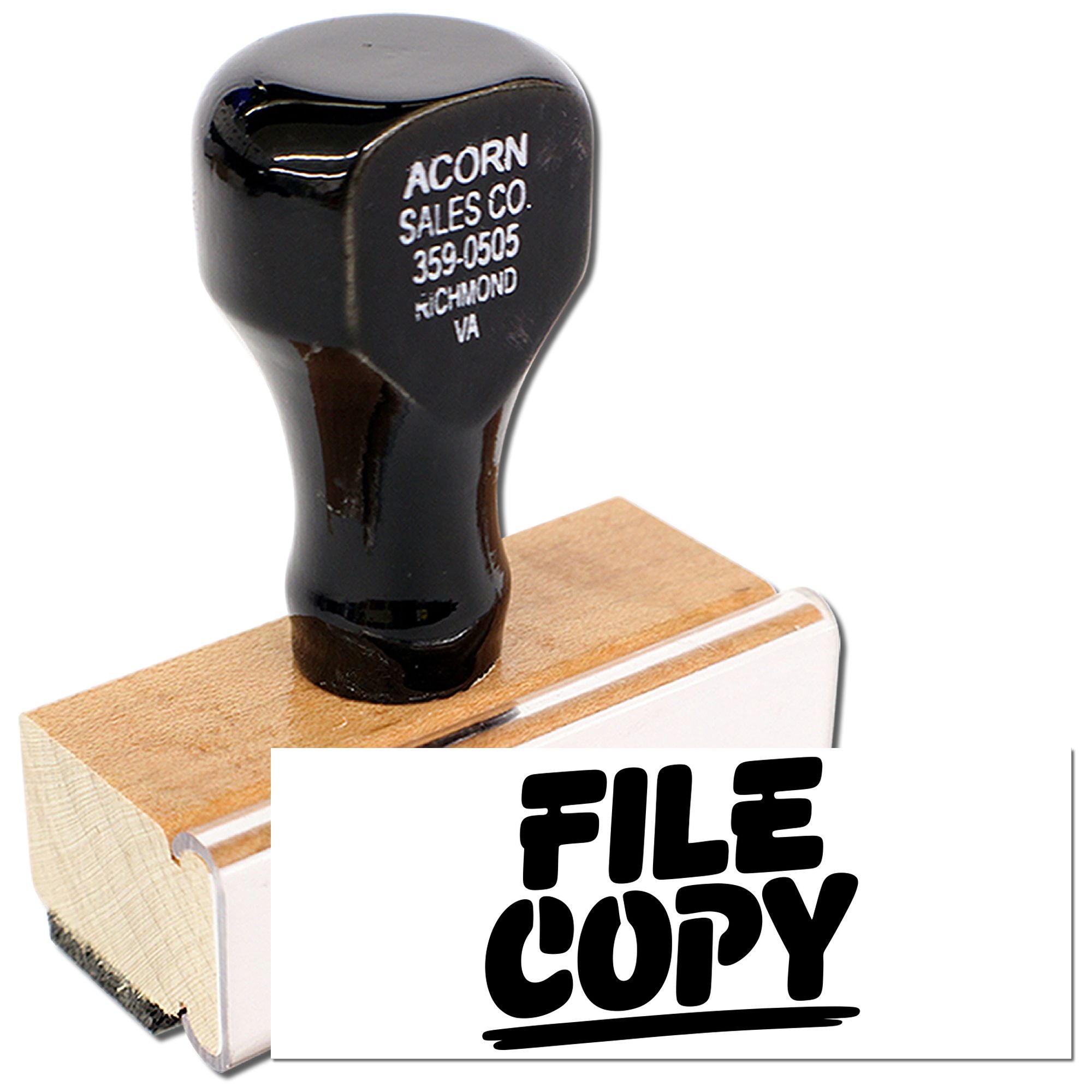 File copy rubber stamp on wood handle for office document labeling and record keeping.