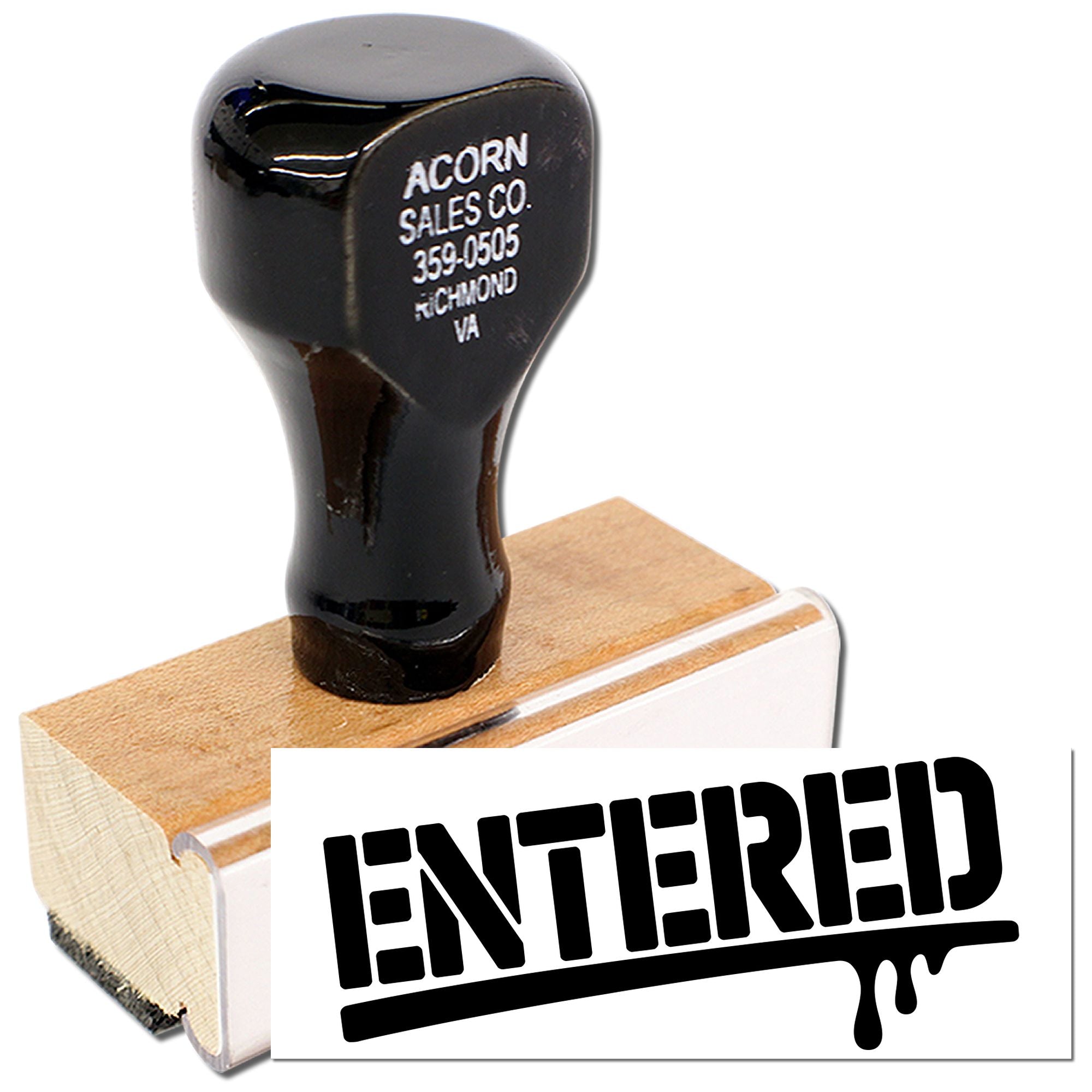 Custom ENTERED rubber stamp on wooden handle for office document processing and record tracking