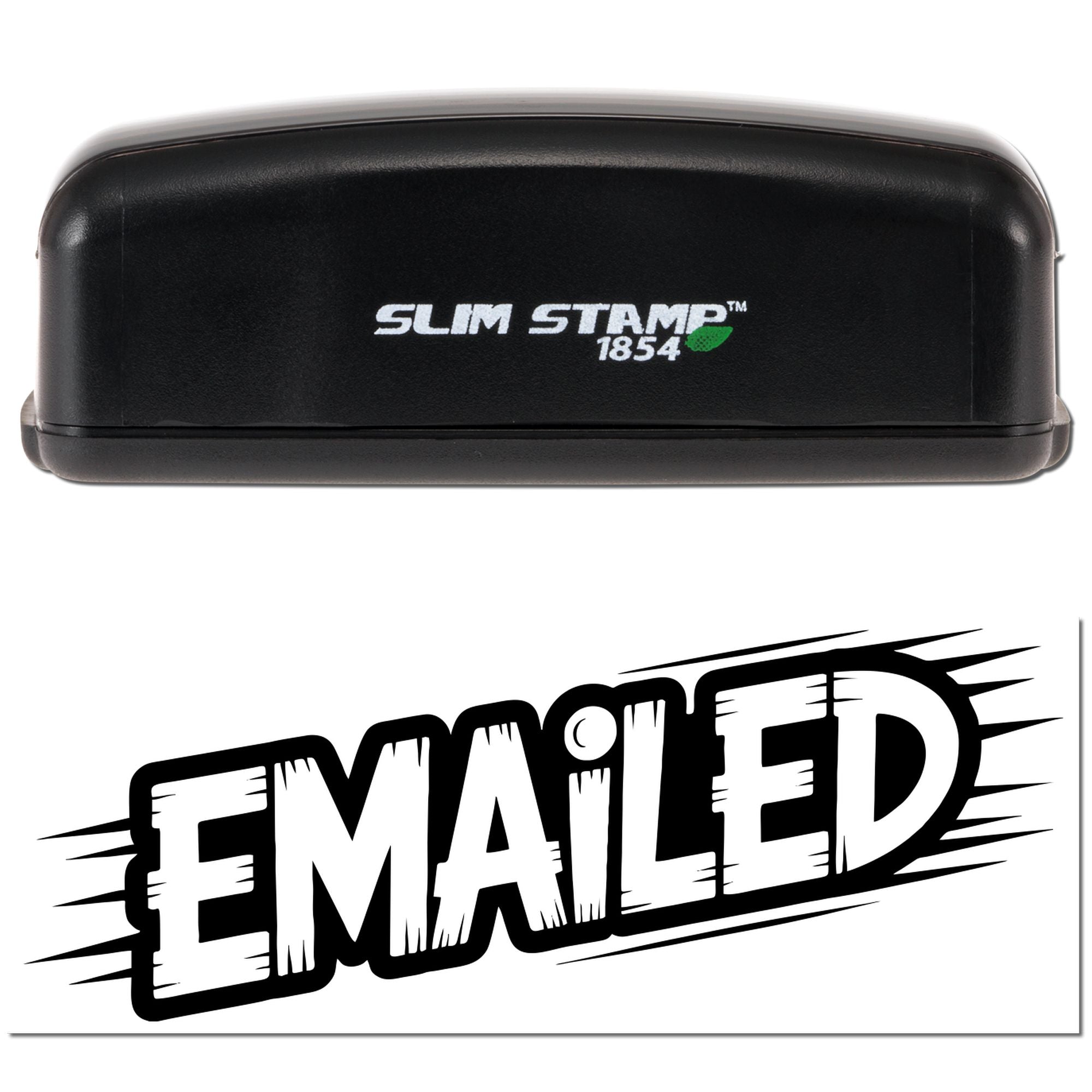 Slim Stamp 1854 self-inking rubber stamp with bold Emailed imprint for office document tracking and approval.