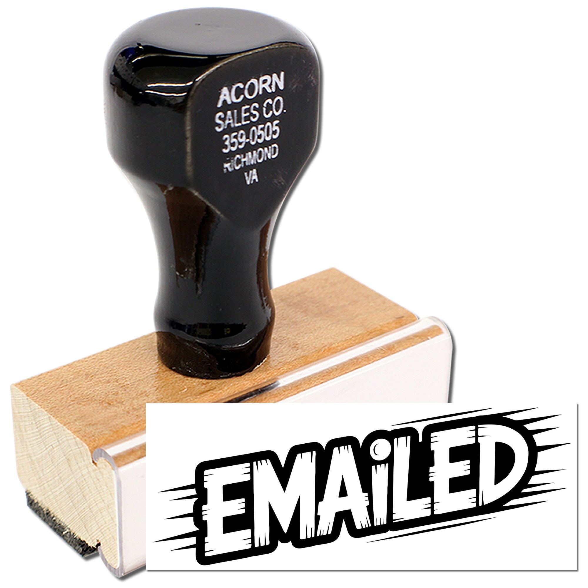 Custom rubber stamp with bold Emailed imprint for marking documents, invoices, and mail correspondence.