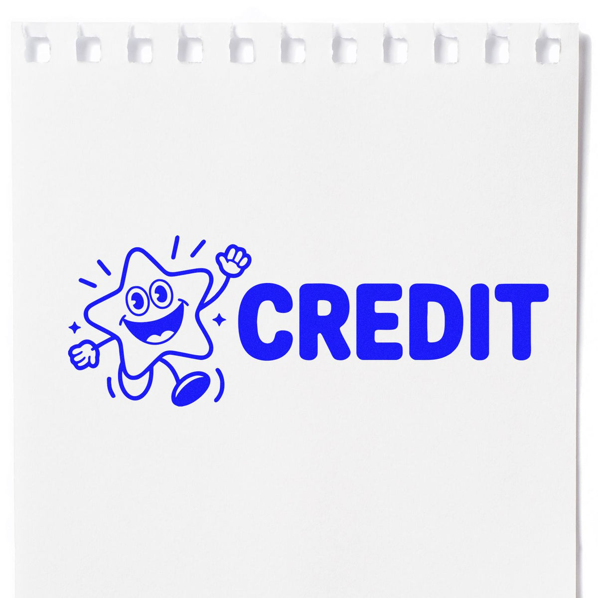 Blue CREDIT rubber stamp with smiling star mascot for office accounting, payment approval, and bookkeeping use