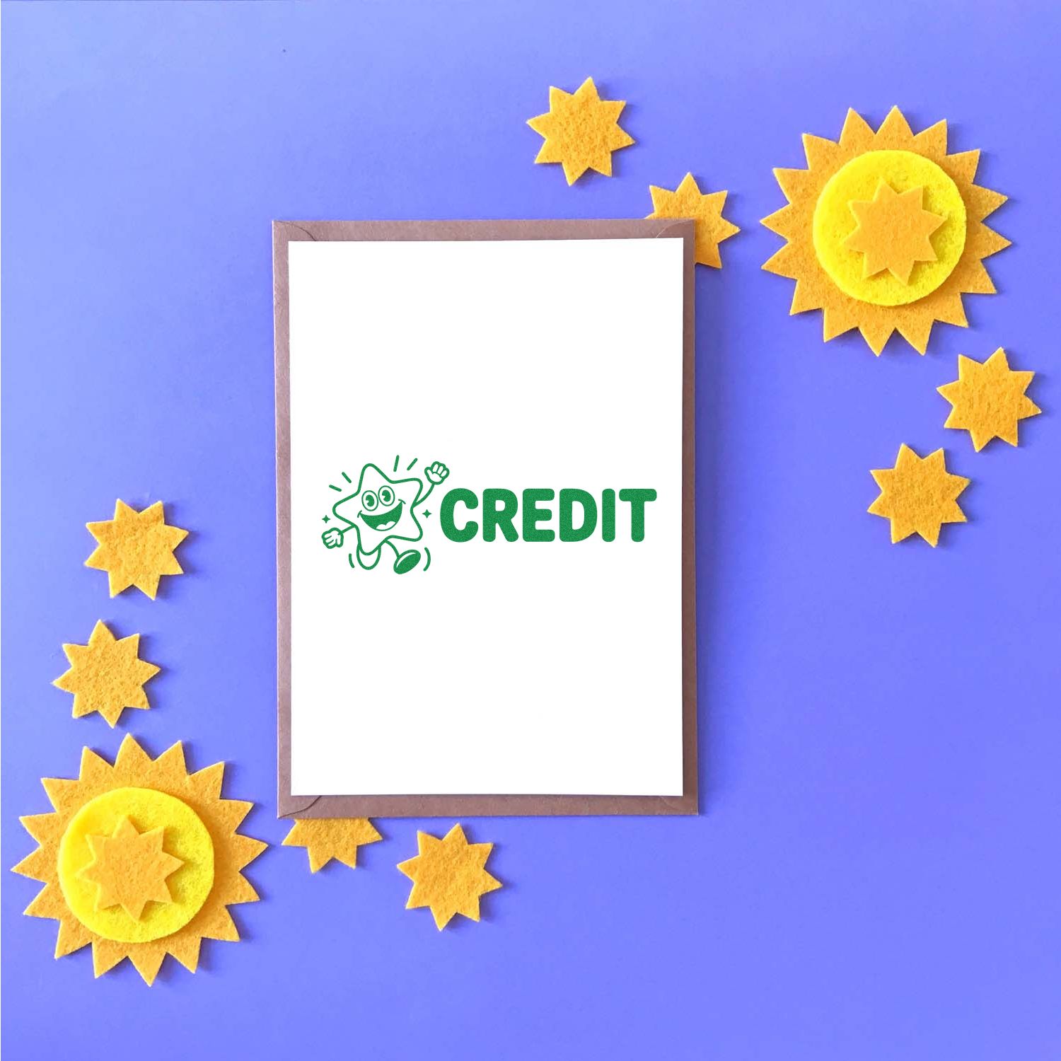 Credit rubber stamp design on blank card with star accents, ideal for school rewards, finance, or creative craft projects.