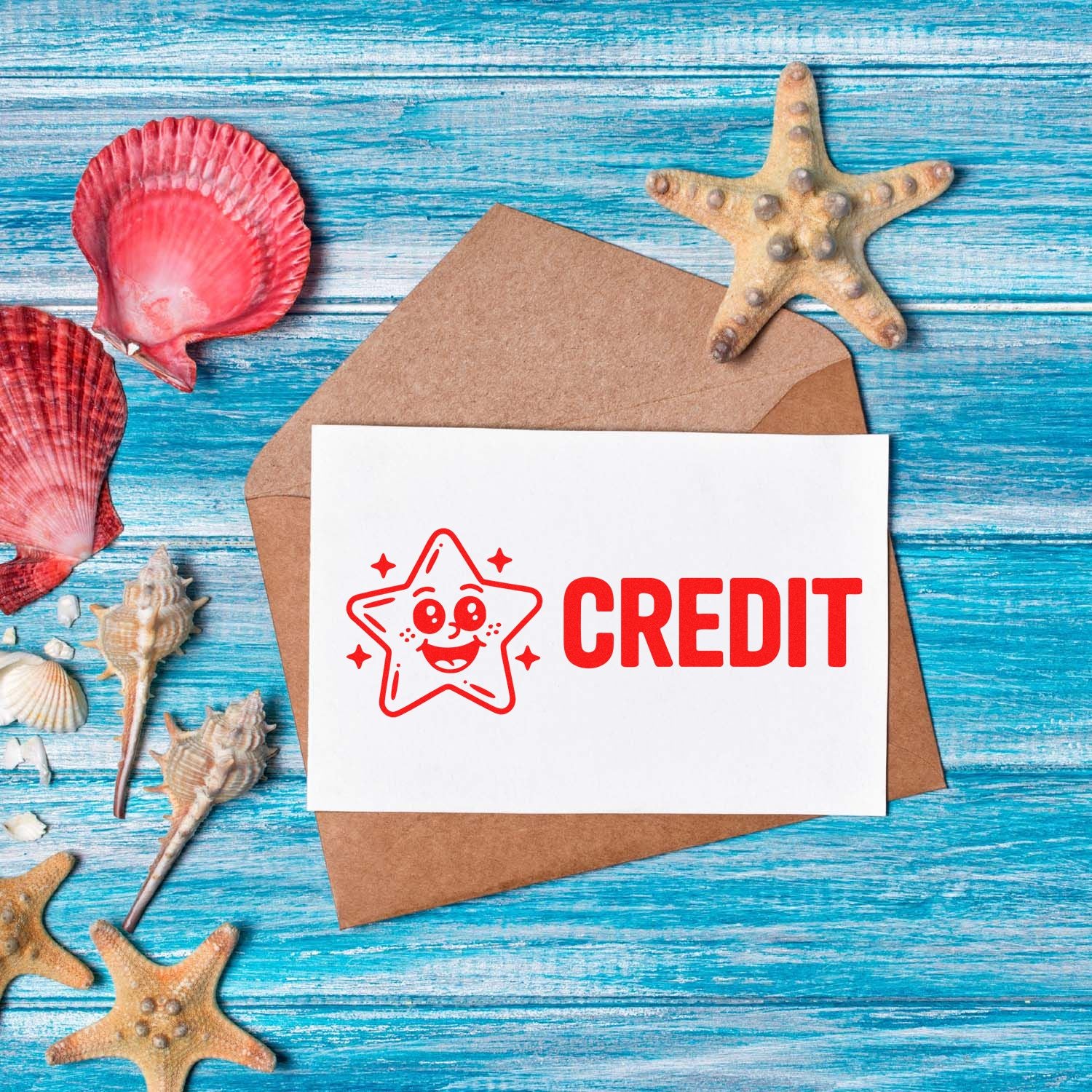 Seaside-themed credit rubber stamp design mockup on a card with starfish, shells, and envelope