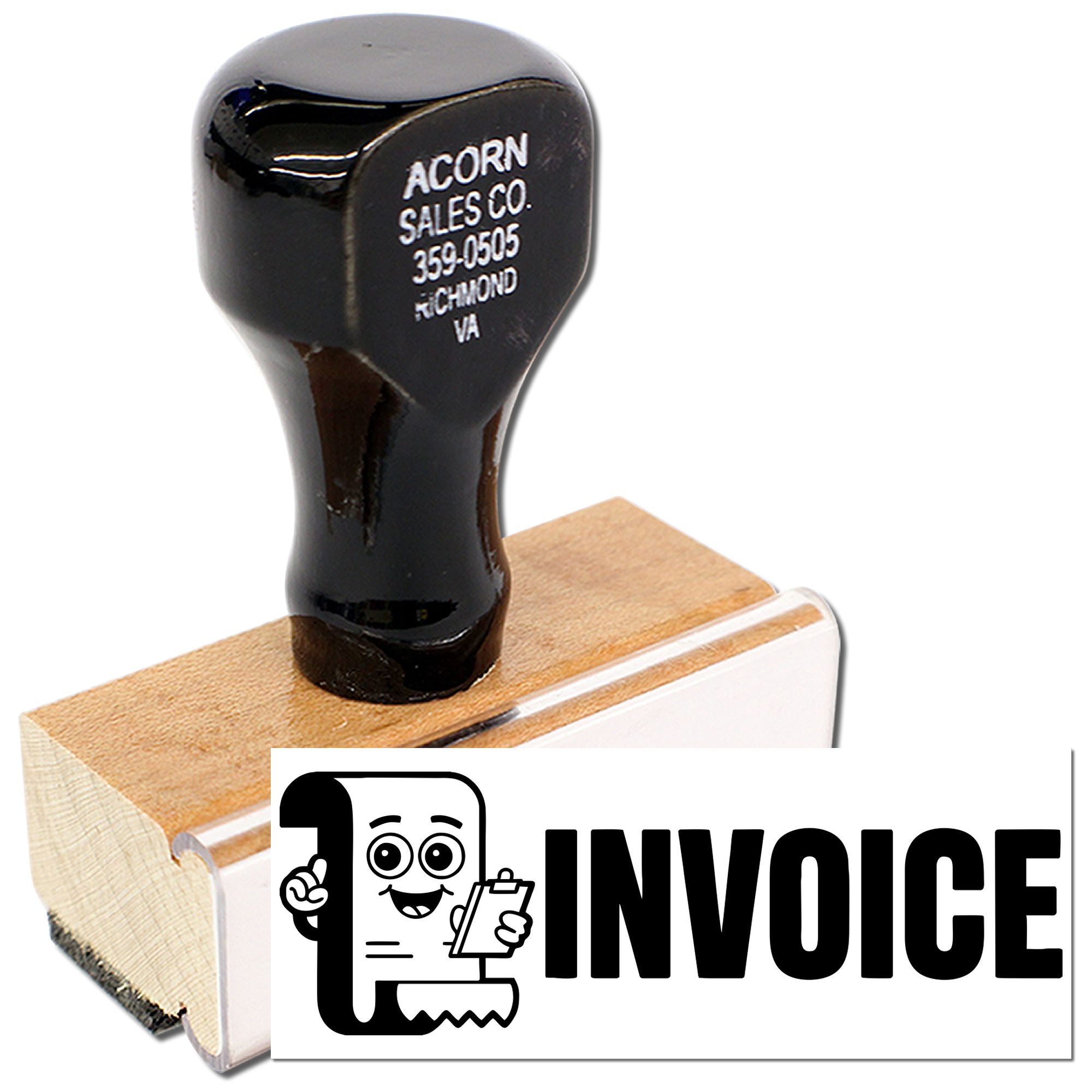 Custom invoice rubber stamp for Acorn Sales Co. with business address and logo, ideal for office accounting use.