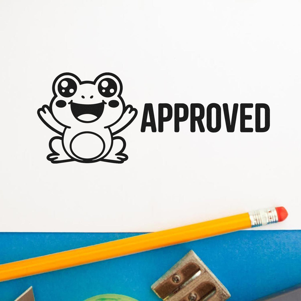 Cute frog APPROVED rubber stamp for teachers, offices, and planners, featuring bold approval text for quick marking.