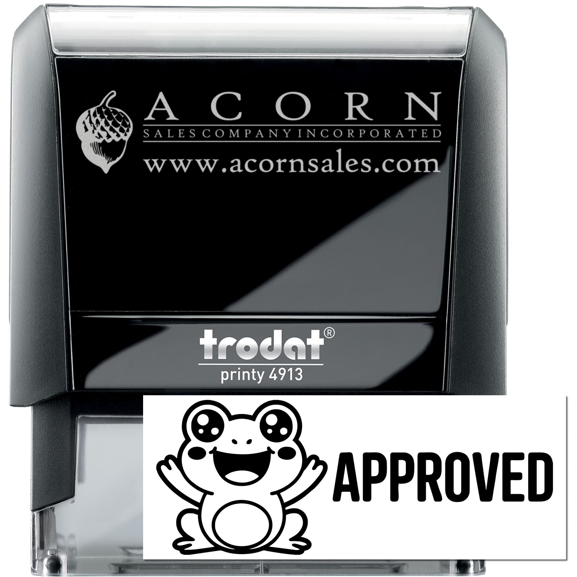 Custom self-inking rubber stamps: Trodat Printy 4913 with Acorn Sales logo and Approved frog design.