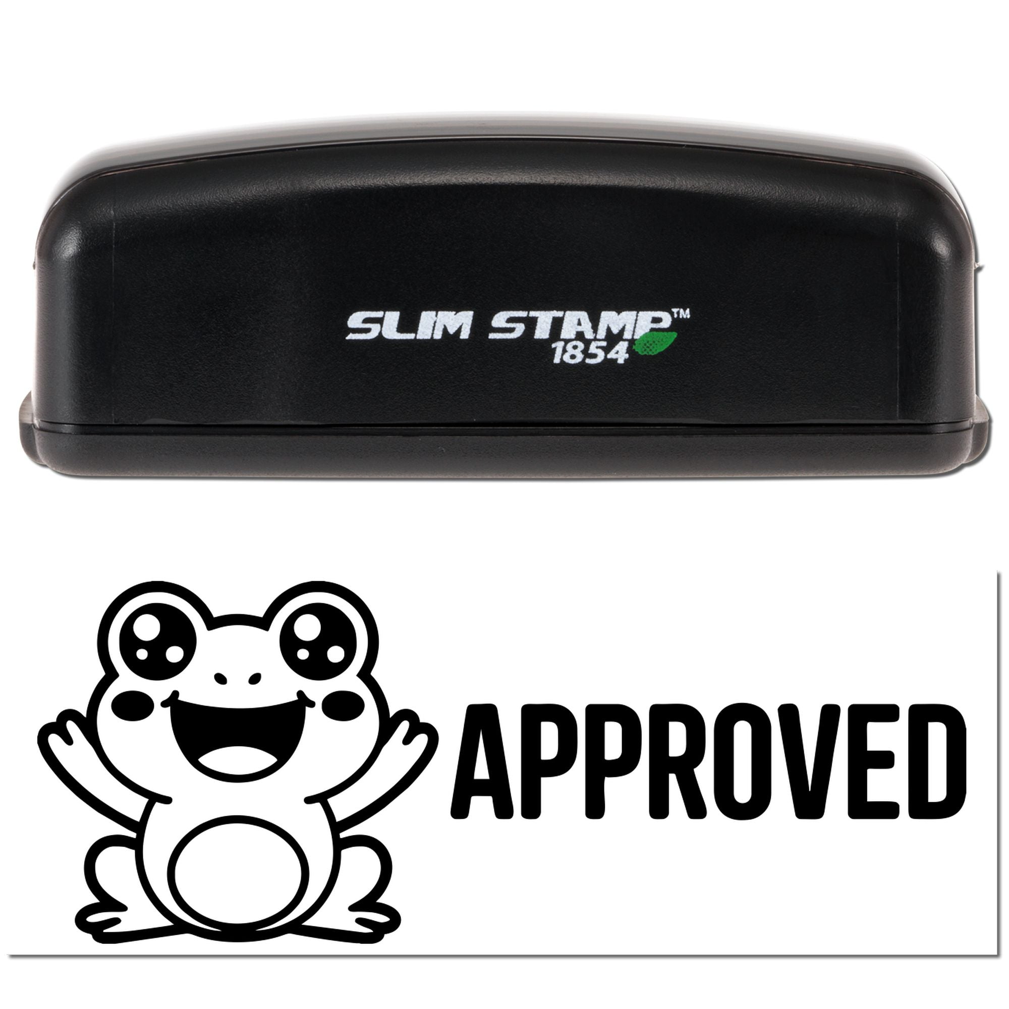 Slim Stamp 1854 rubber stamp with approved frog design for office document approval and custom stamping.