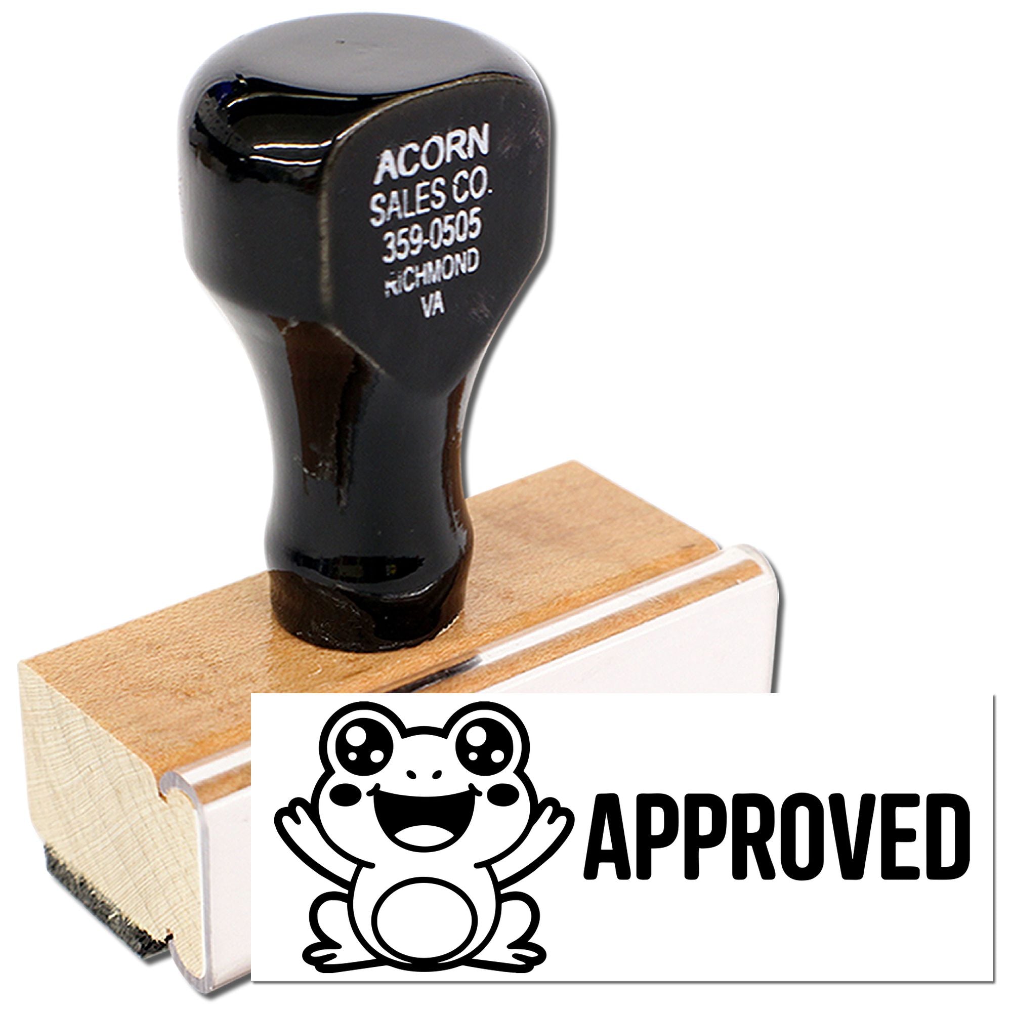 Custom rubber stamp with smiling frog APPROVED design, ideal for business approval markings and office use.