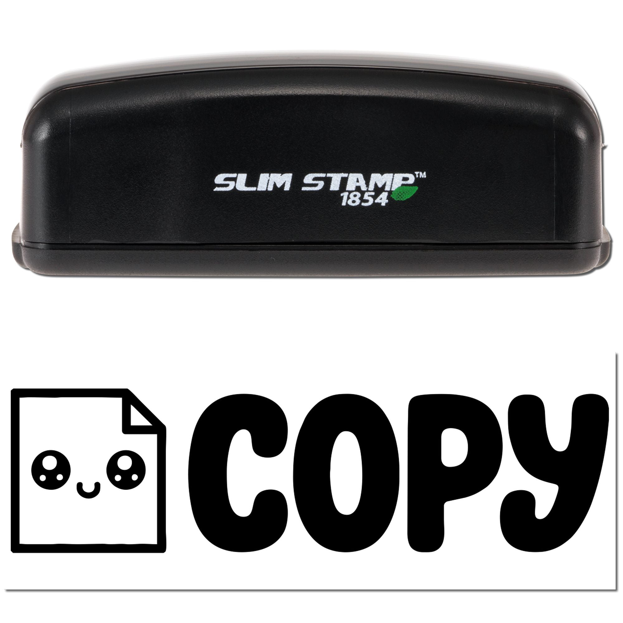 Black Slim Stamp 1854 self-inking rubber stamp with COPY icon for marking duplicate documents and office paperwork.