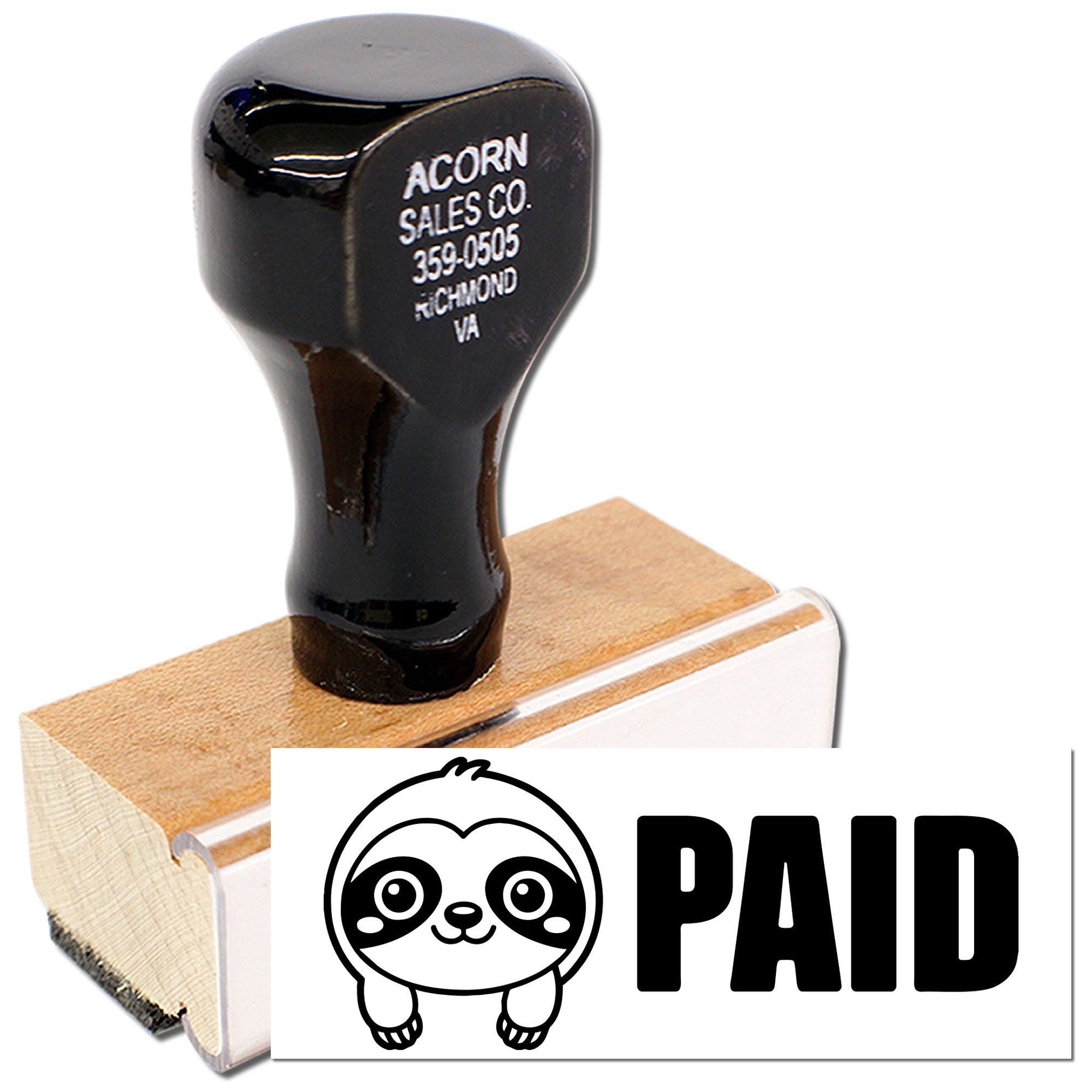 Wood-mounted custom PAID rubber stamp with panda logo for office approval, billing, and payment marking.