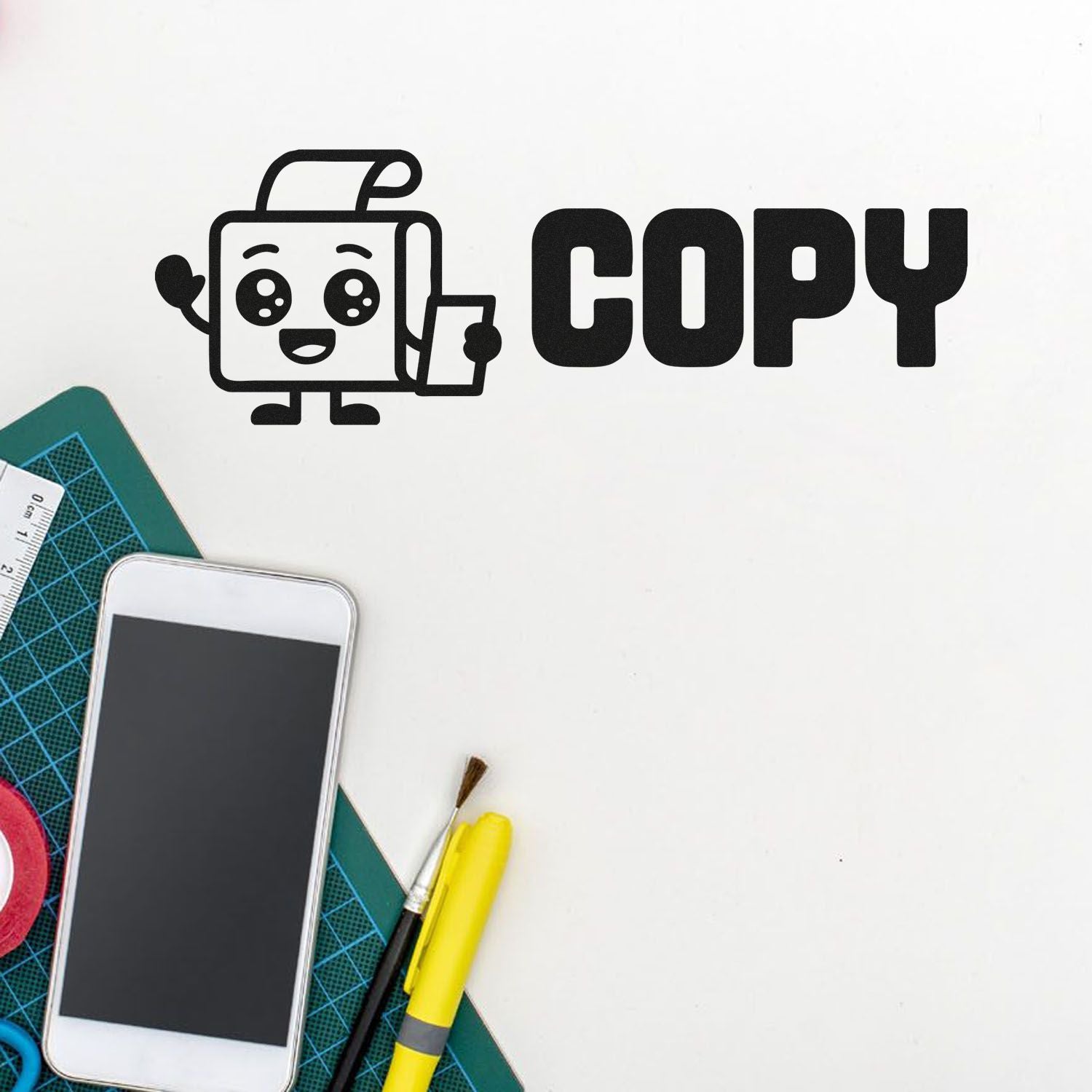 Copy rubber stamp design with cute copy machine icon, ideal for office documents, planners, and craft projects.