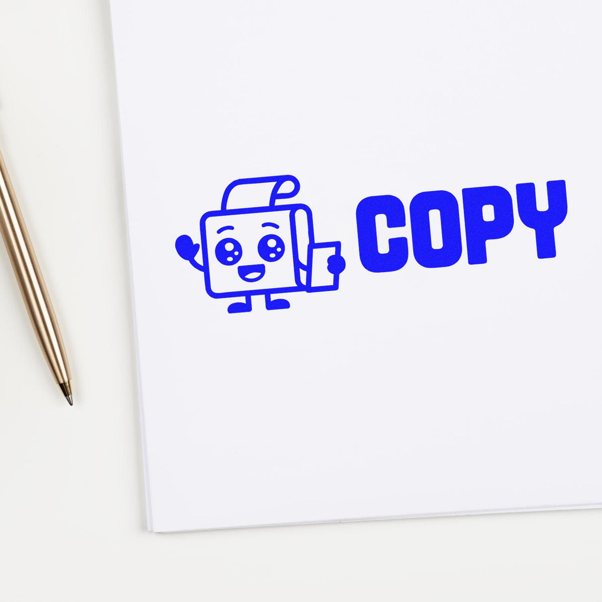 Blue COPY rubber stamp design with cartoon copier icon on paper, ideal for marking documents as copies.