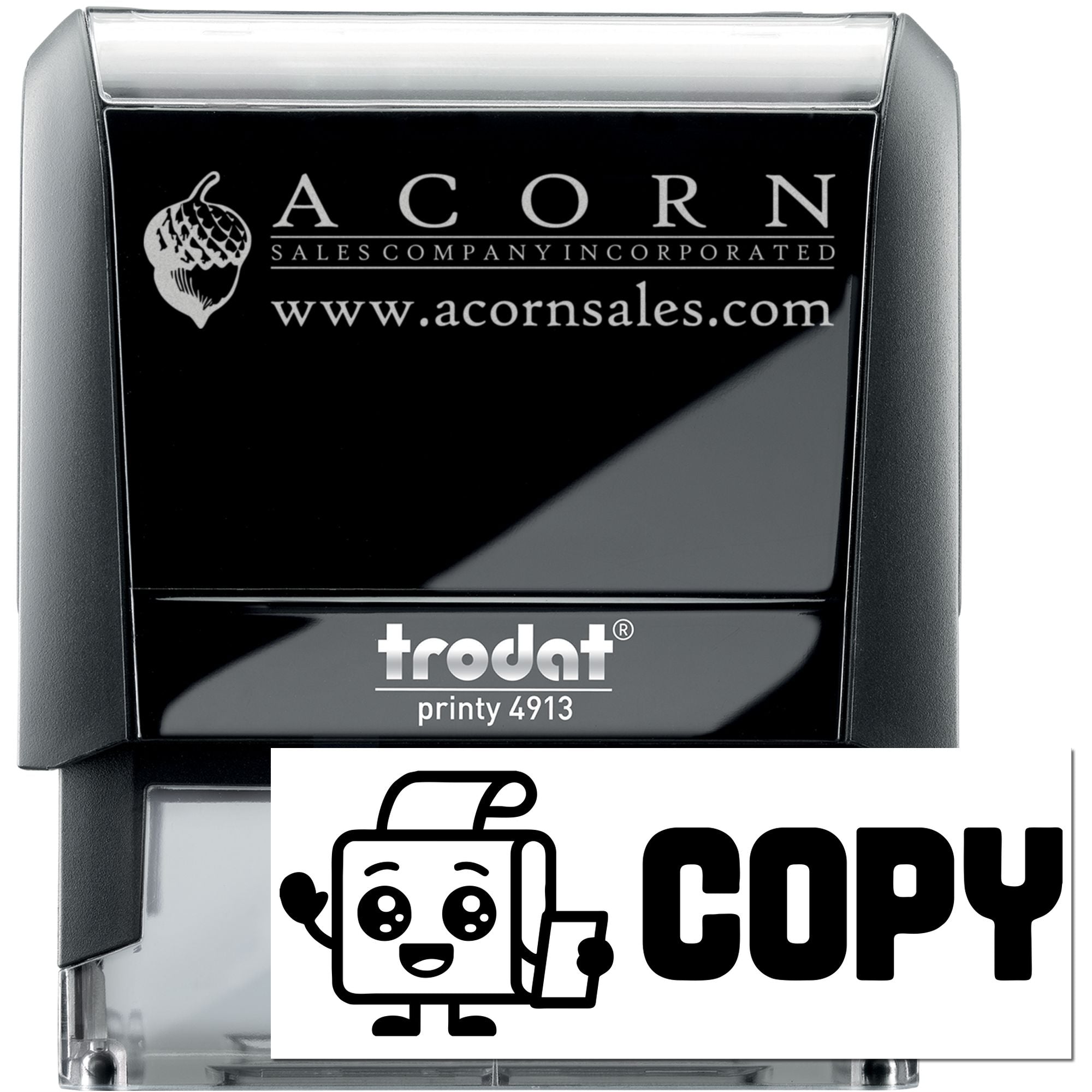 Custom Trodat Printy 4913 self-inking rubber stamp with Acorn Sales Company logo and website for business branding