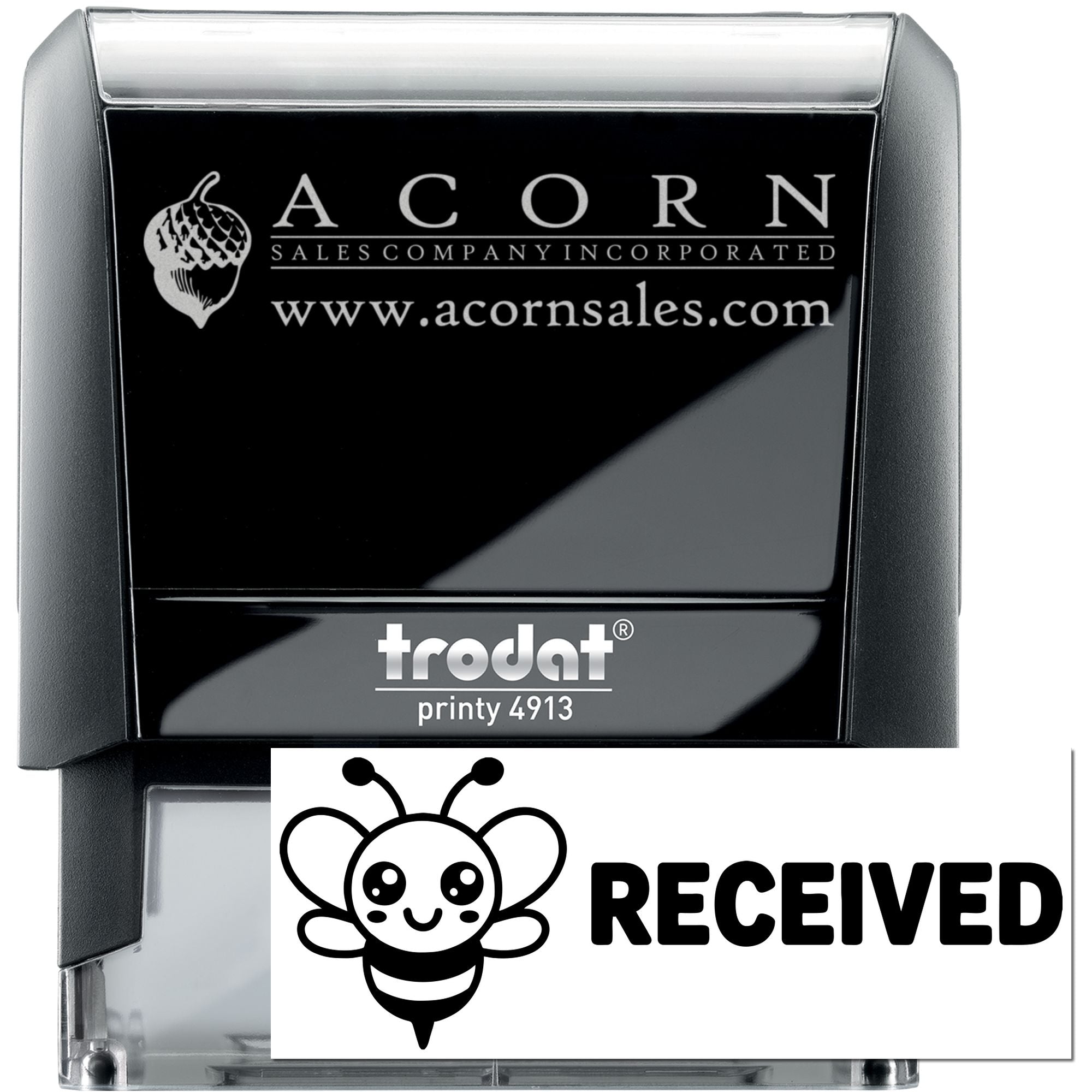 Custom self-inking rubber stamp with Acorn Sales logo and Received bee imprint, Trodat Printy 4913.