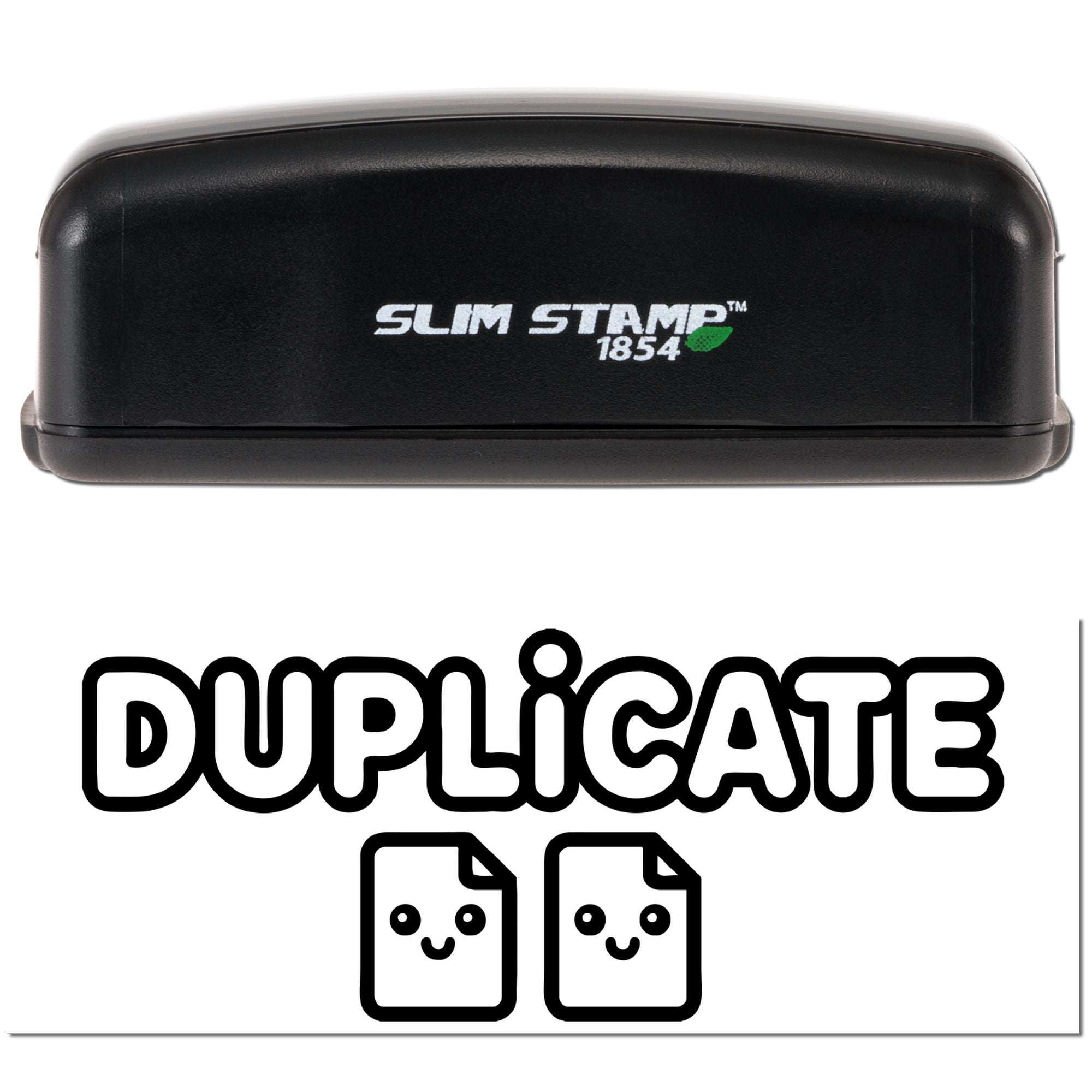 Slim Stamp 1854 self-inking rubber stamp with Duplicate text and file icons for marking copied documents.