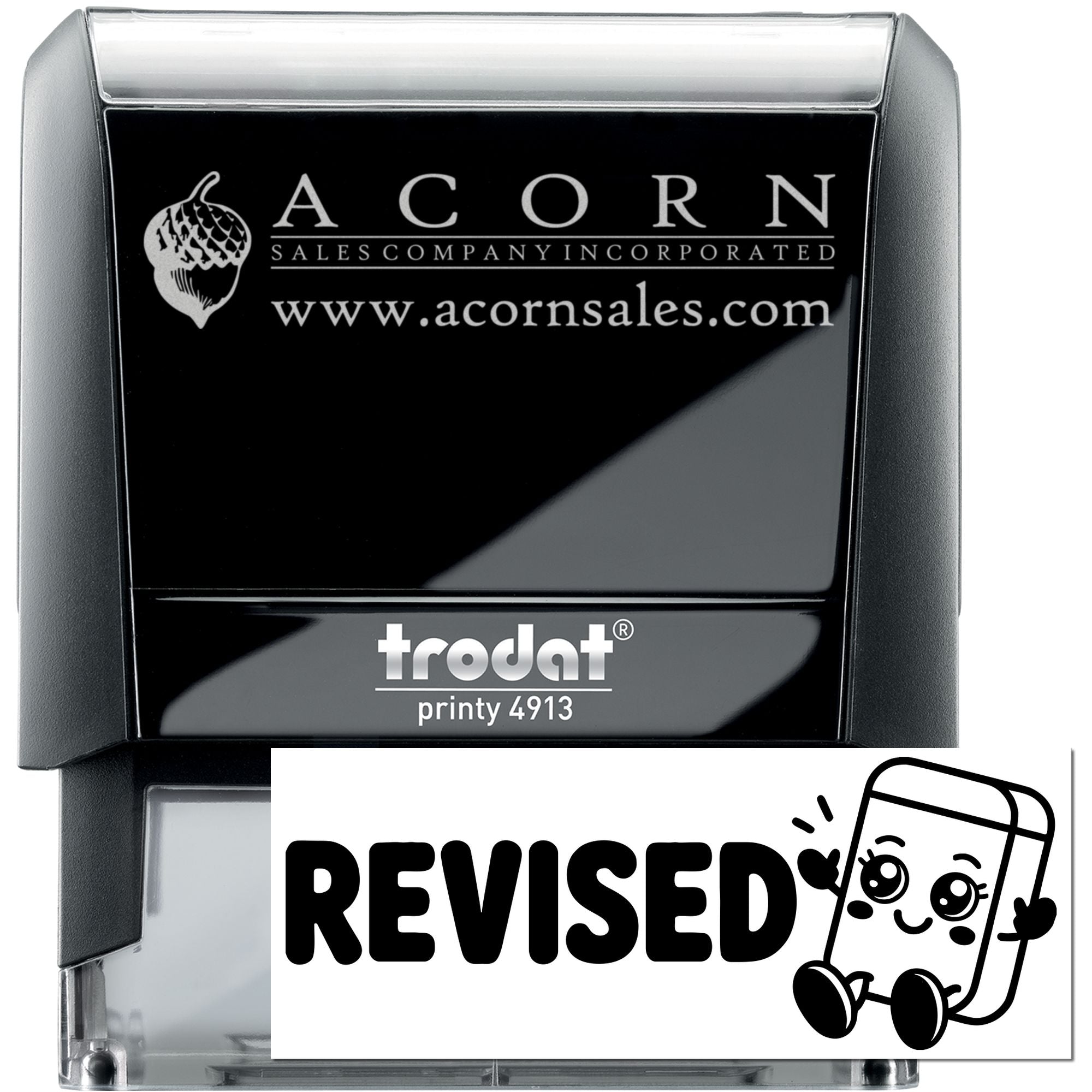 Custom self-inking rubber stamp proof with Acorn Sales Company logo, website, and revised design on Trodat Printy 4913.