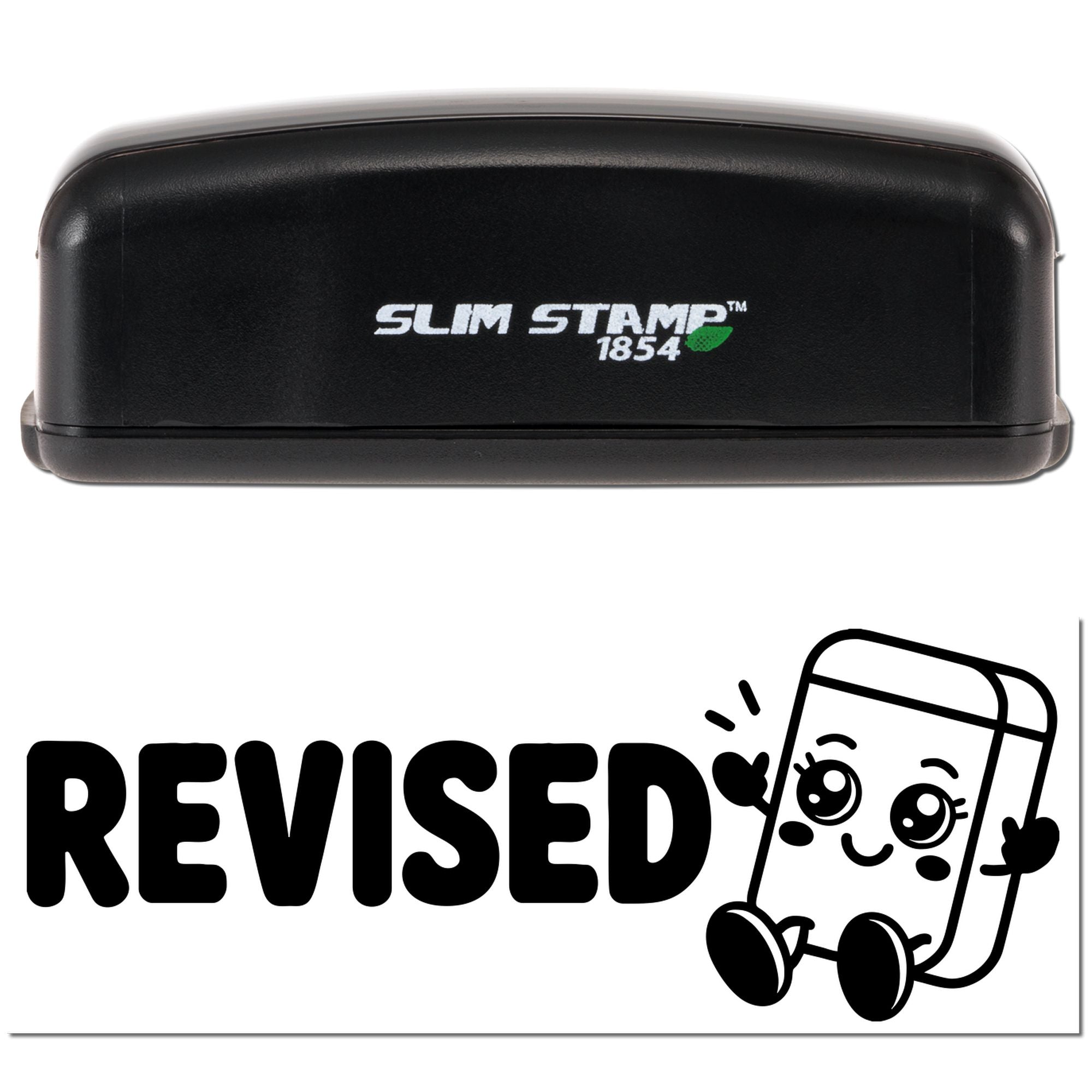 Slim Stamp 1854 self-inking rubber stamp with Revised imprint for document approval and office use.
