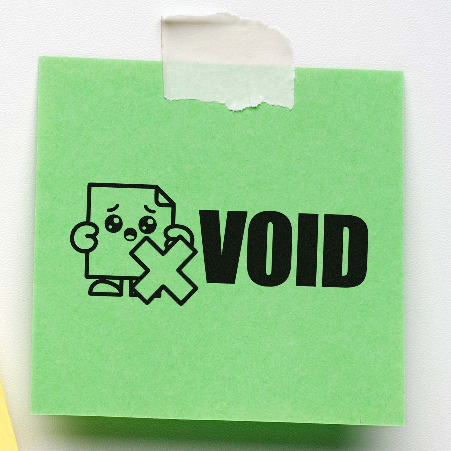 VOID rubber stamp impression on green sticky note, used to mark documents invalid or canceled.