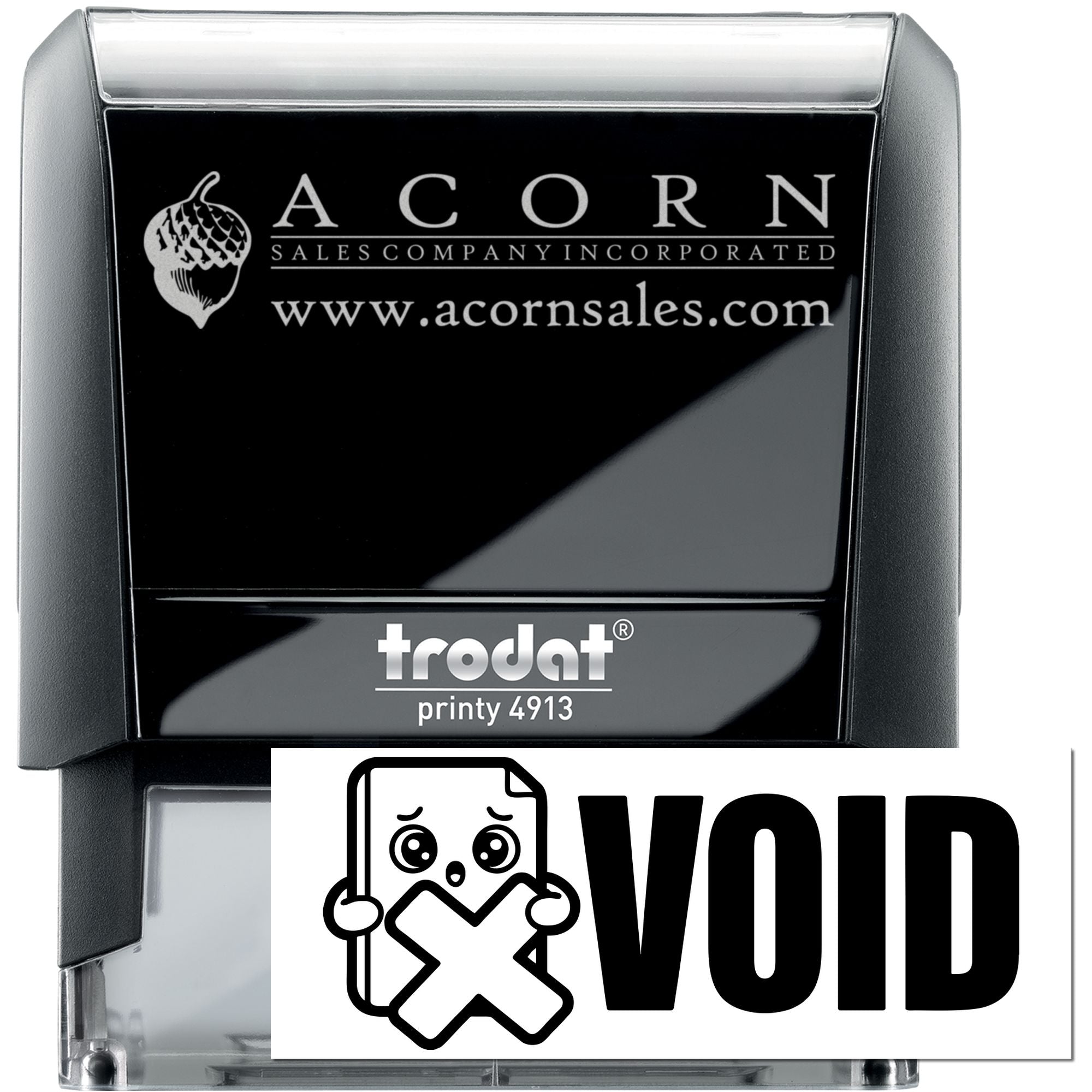 Trodat Printy 4913 self-inking custom rubber stamp with Acorn Sales logo and VOID imprint.