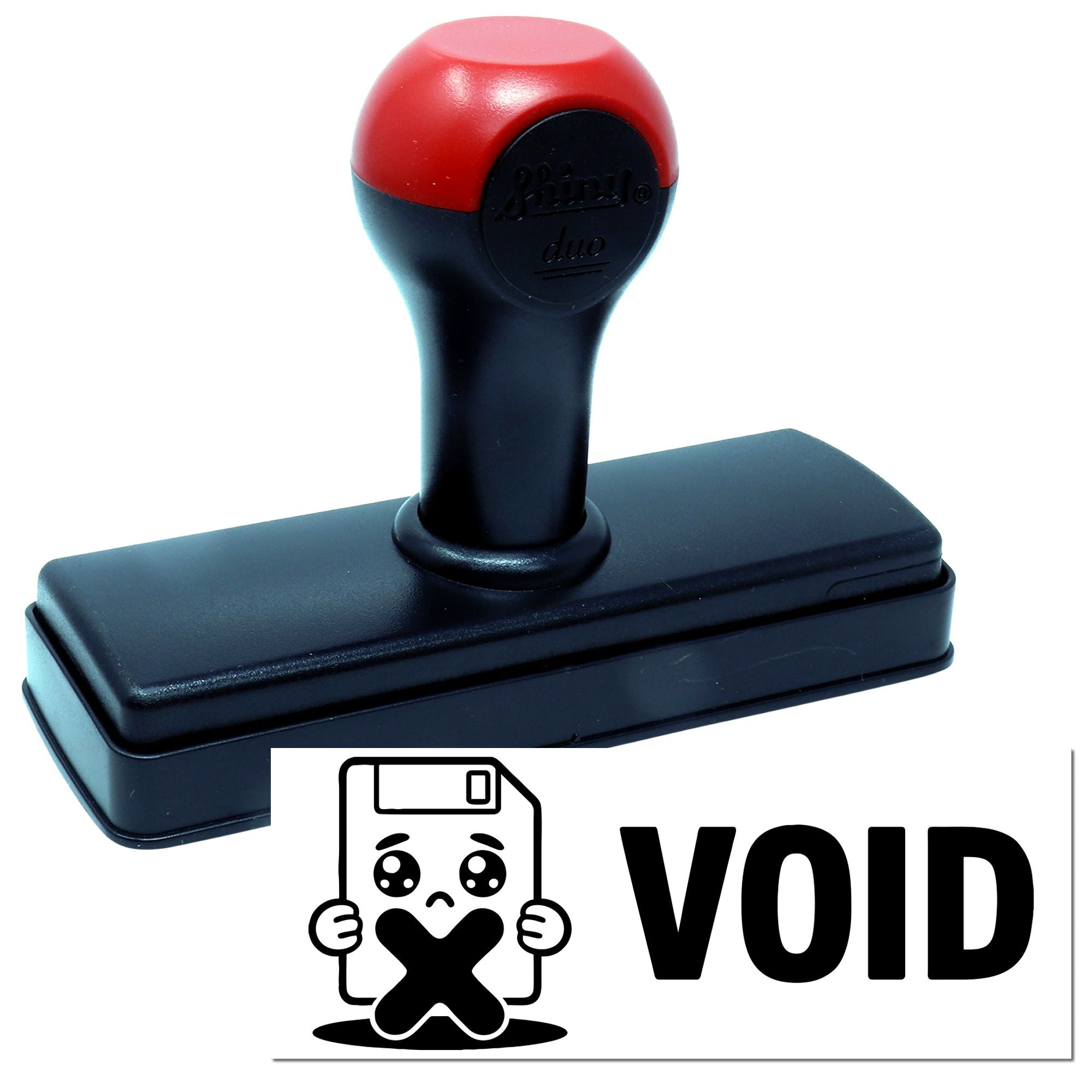 Self-inking VOID rubber stamp for marking documents invalid, featuring black ink and a red-and-black handle.