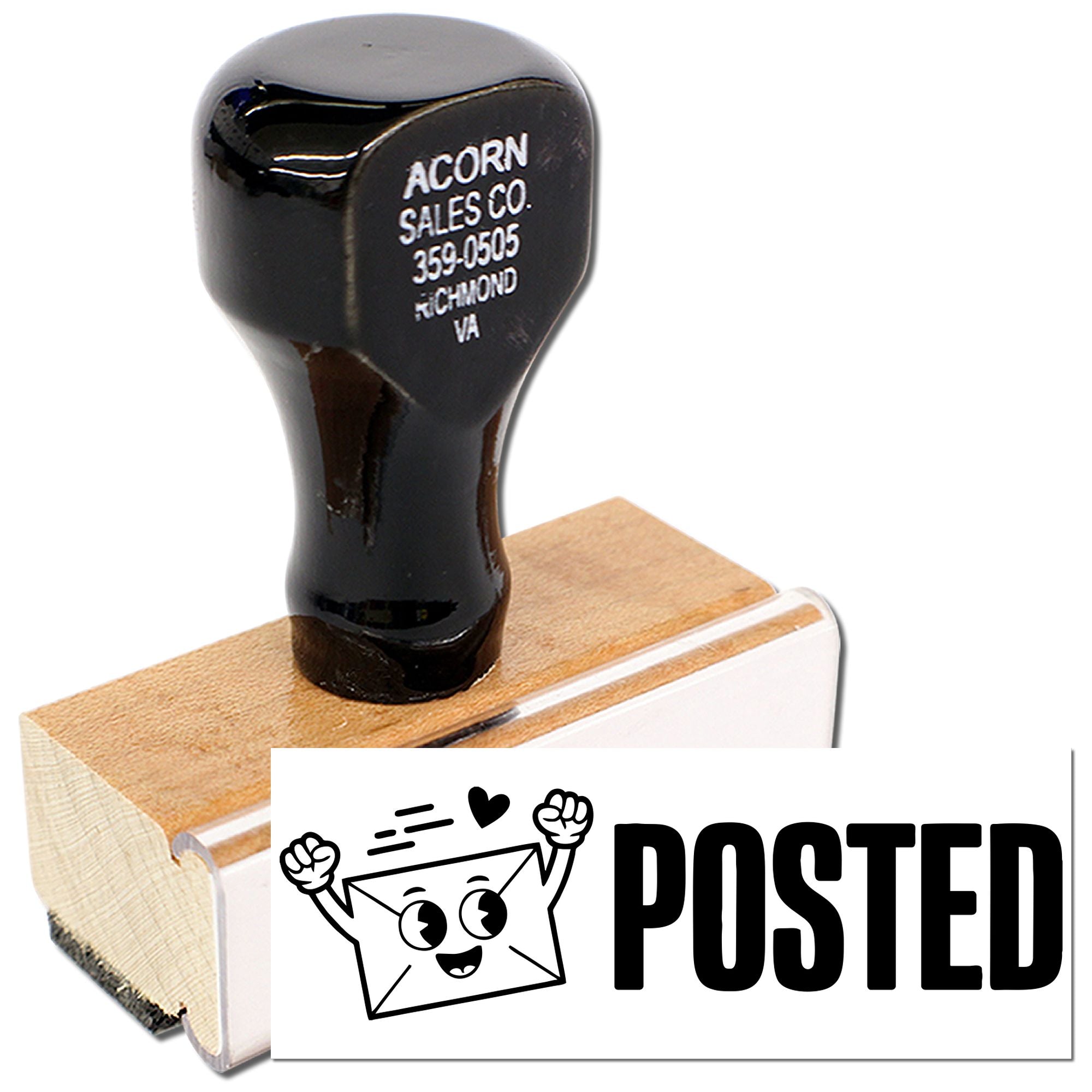 Posted rubber stamp with smiling envelope design for mailing, office processing, and paper crafting use