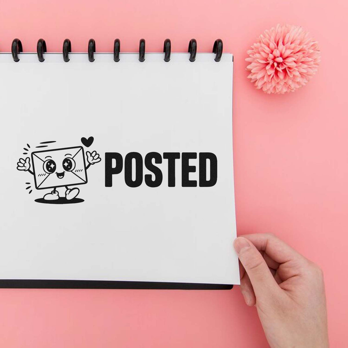 Cute POSTED rubber stamp design on a notebook page, perfect for mail, packaging, and stationery branding.