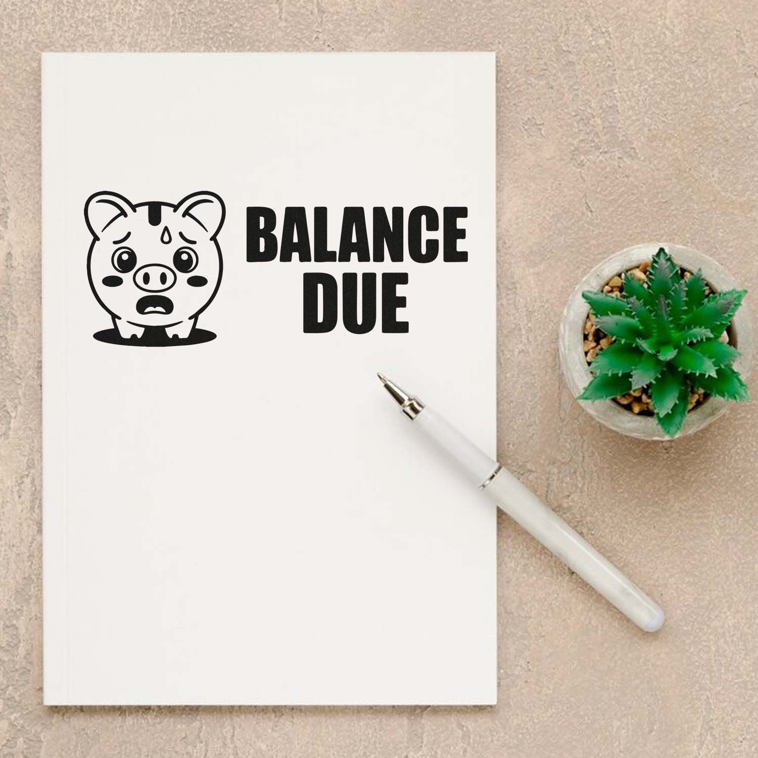 Balance Due rubber stamp with cute pig illustration, ideal for invoice reminders, billing, and payment due notices.
