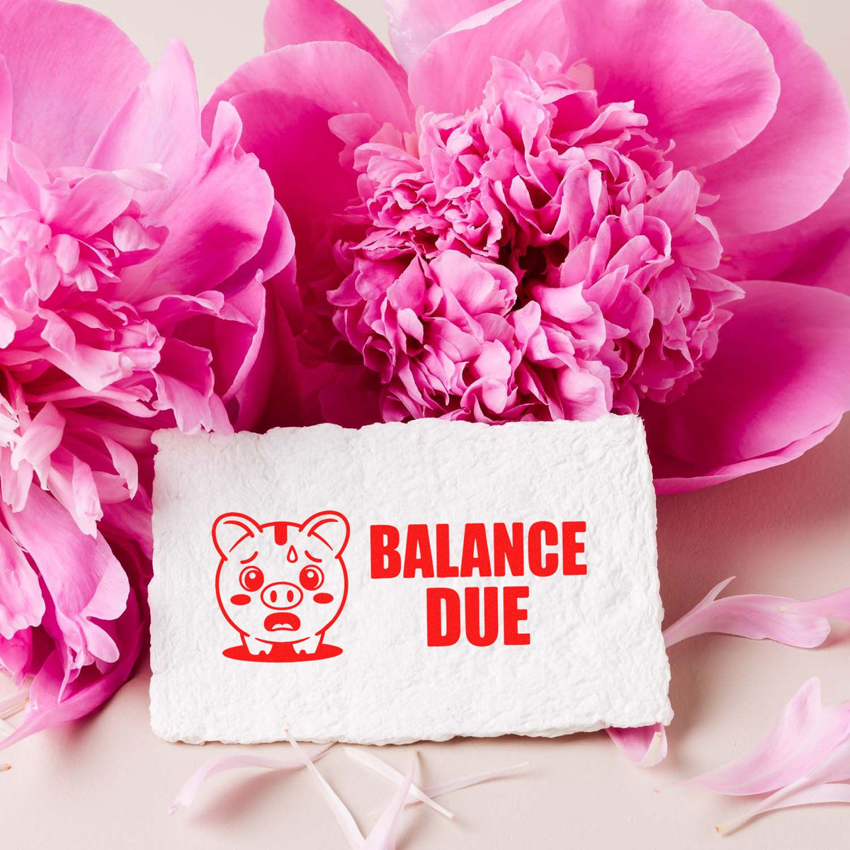 Balance Due rubber stamp with pig icon on textured paper, ideal for accounting, invoicing, and billing reminders.