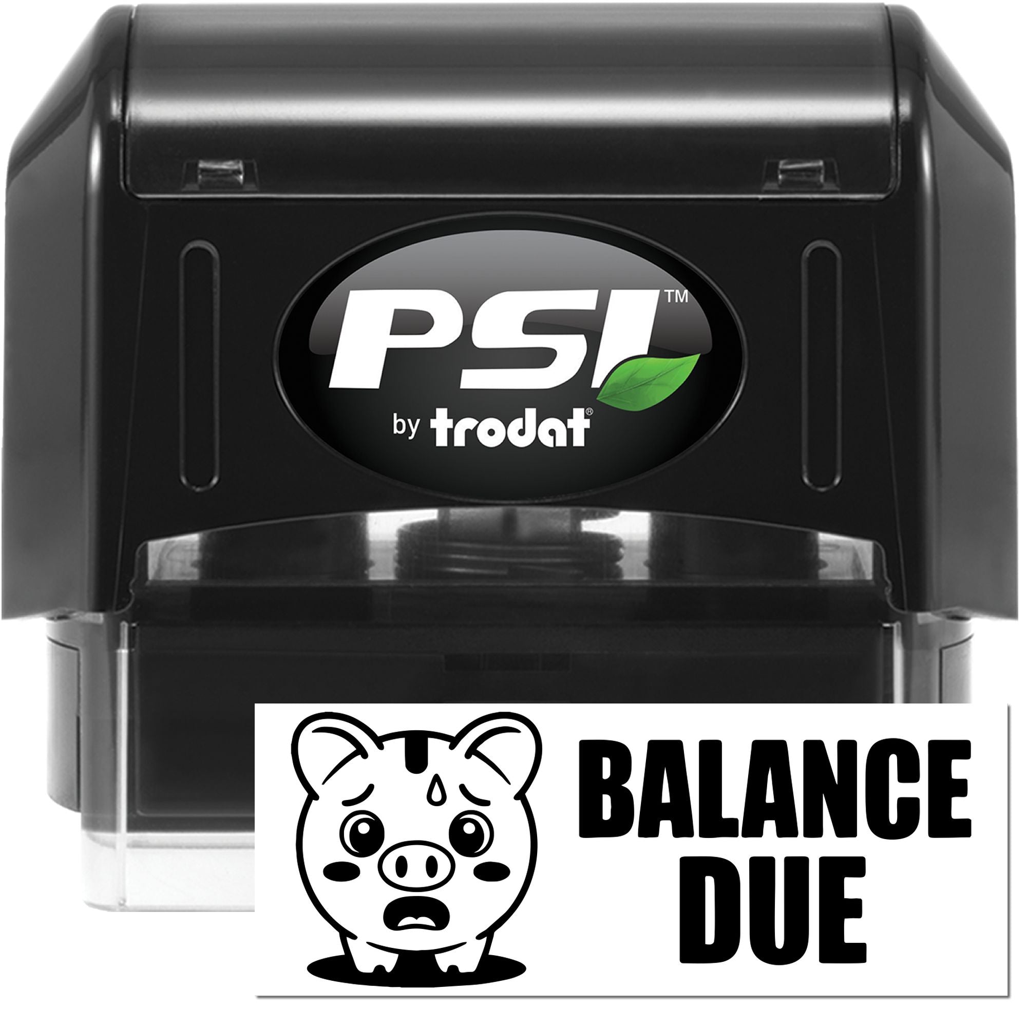 PSI by Trodat self-inking rubber stamp with Balance Due imprint for billing, bookkeeping, and payment reminders.