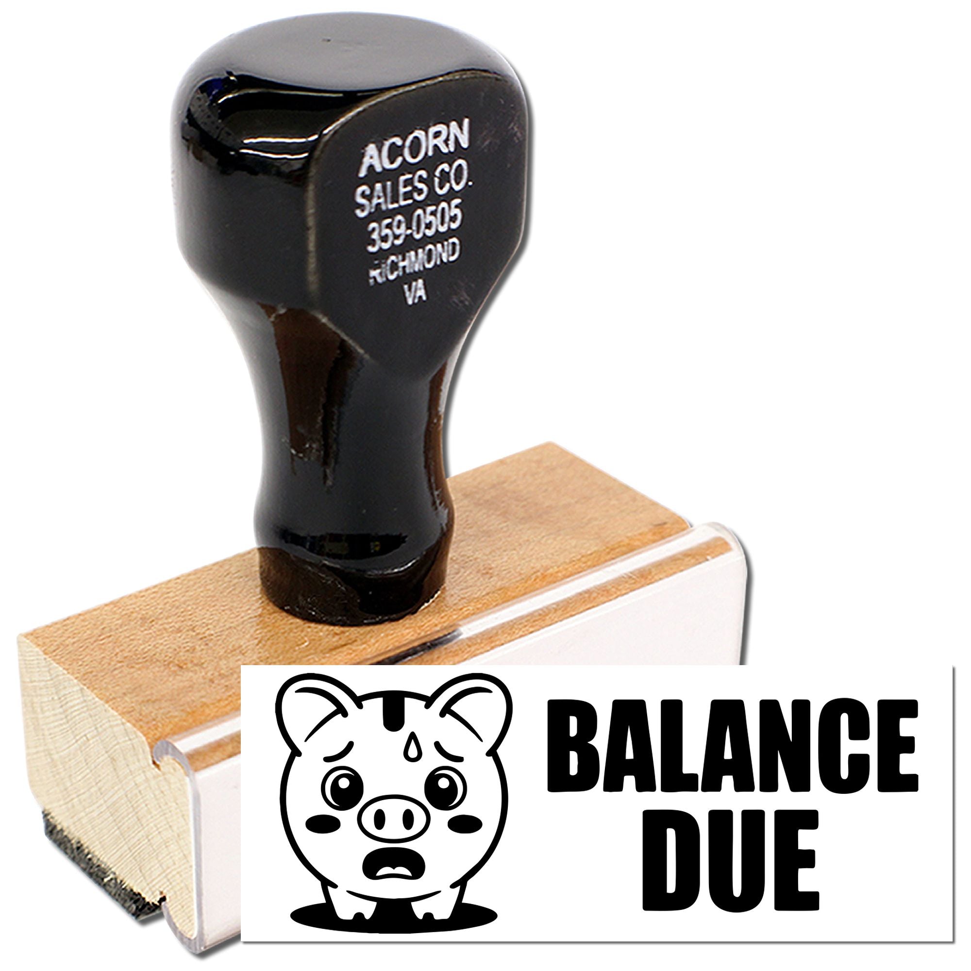 Custom rubber stamp with pig icon and Balance Due message for invoices and billing.