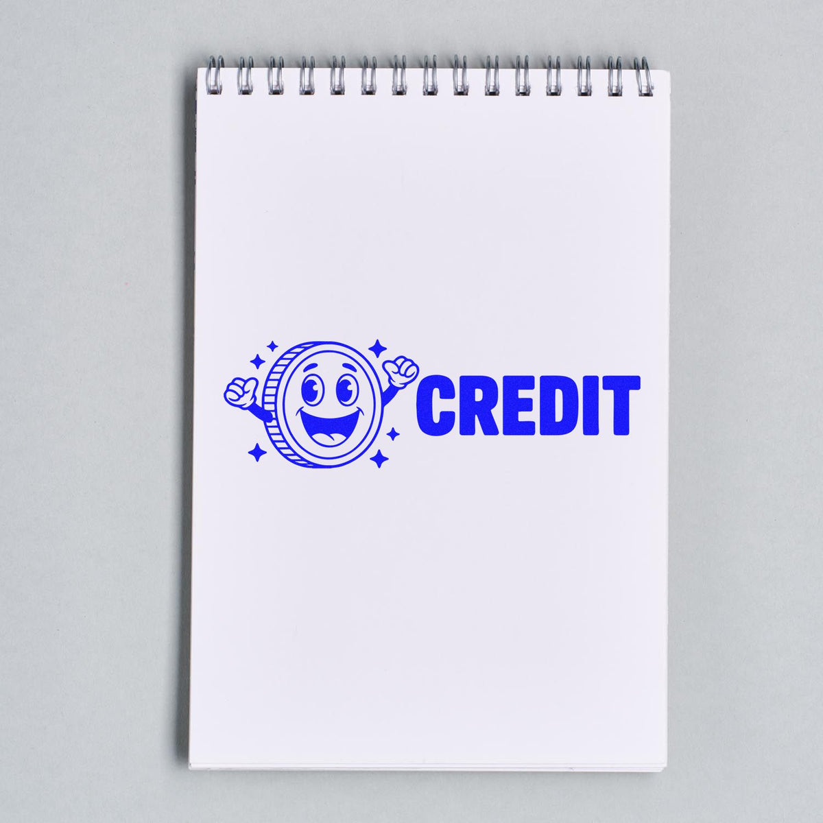 CREDIT rubber stamp design with smiling coin icon for bookkeeping, accounting, and financial record labels.