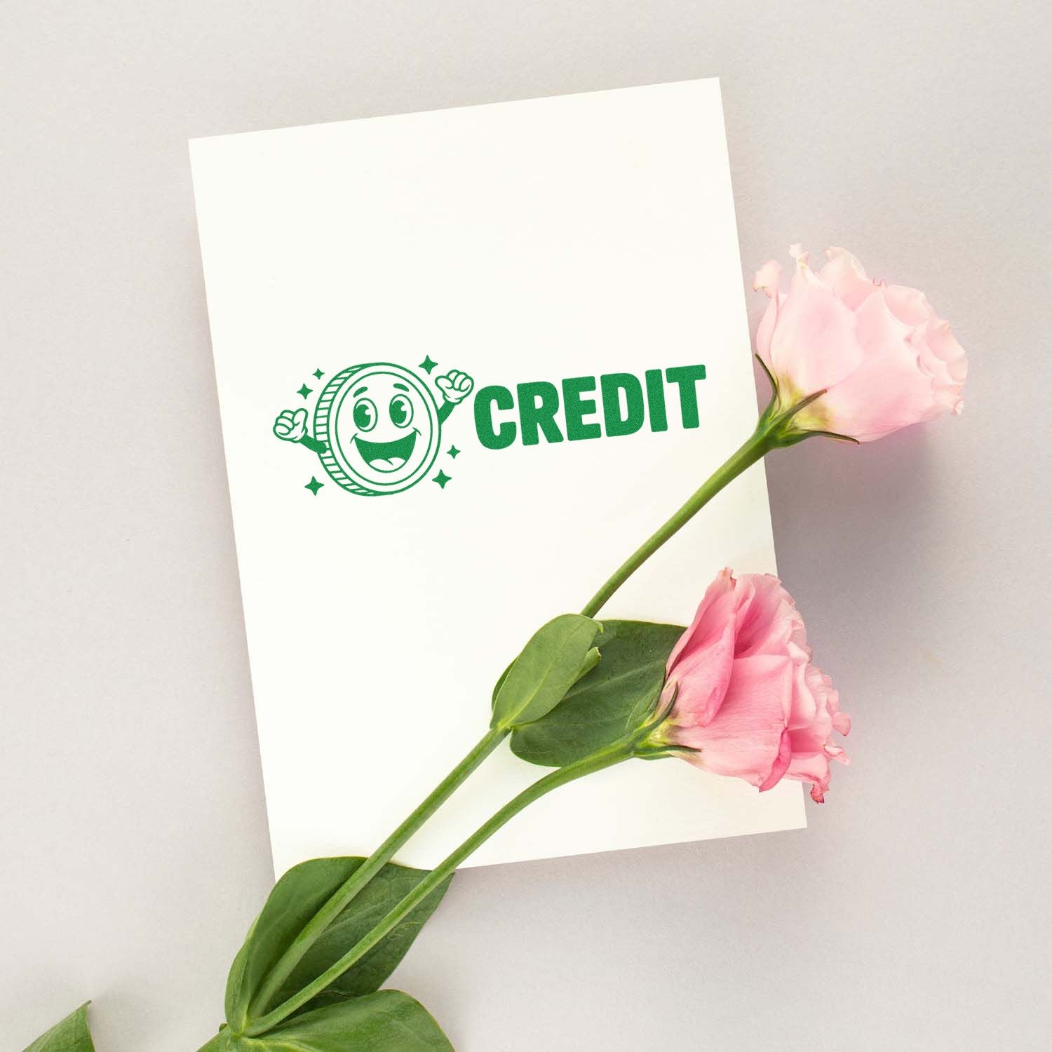 CREDIT rubber stamp with smiling coin icon for bookkeeping, accounting, and office document processing.