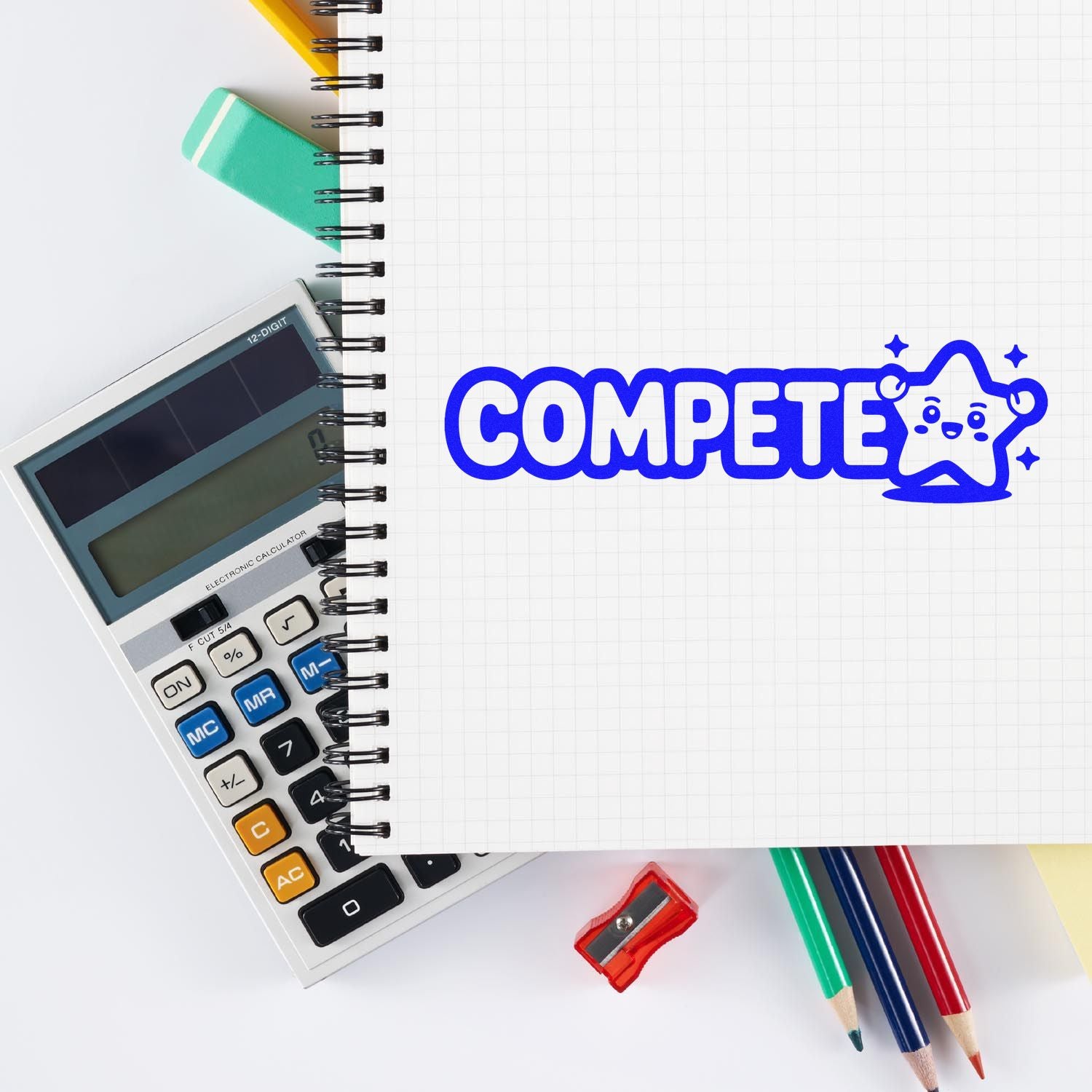 COMPETE rubber stamp design on notebook, calculator and pencils, ideal for office, school and productivity branding.