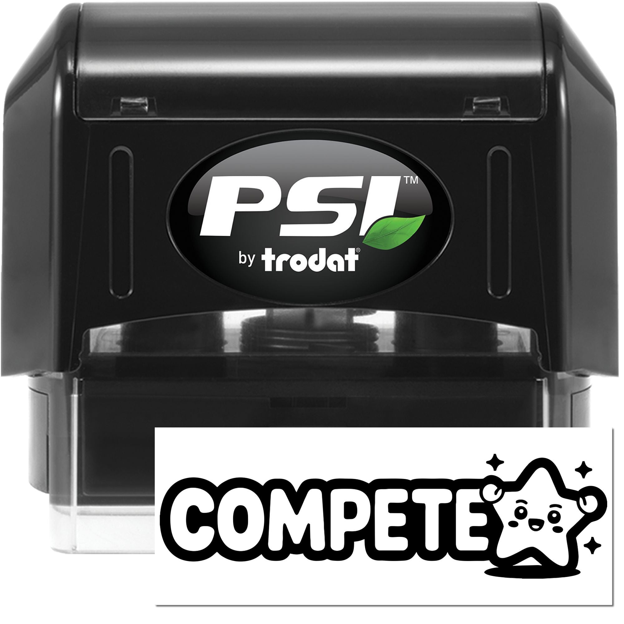 PSI by Trodat self-inking custom rubber stamp showing COMPETE logo for business branding.