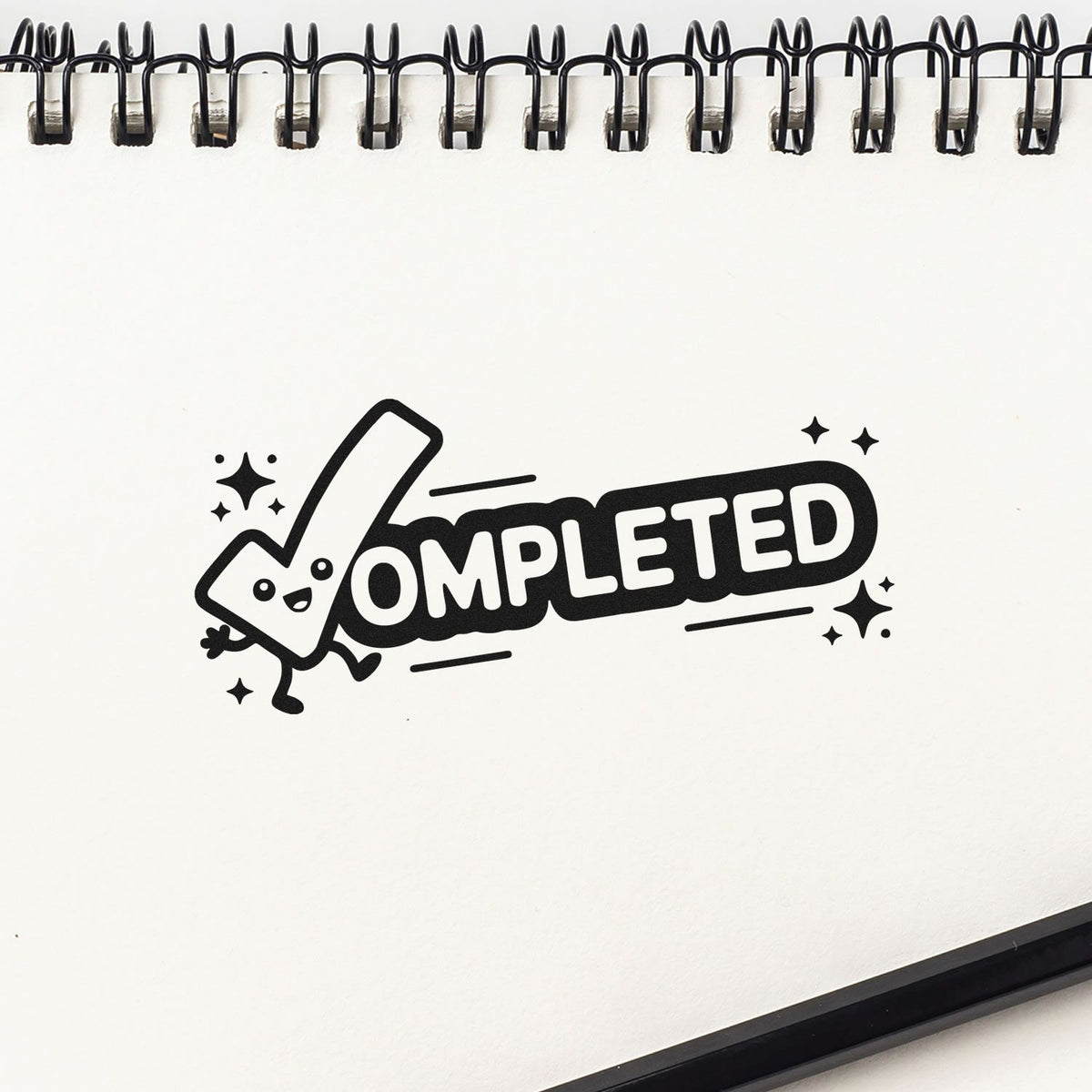 Completed rubber stamp design with playful checkmark character for planners, notebooks, and task tracking.