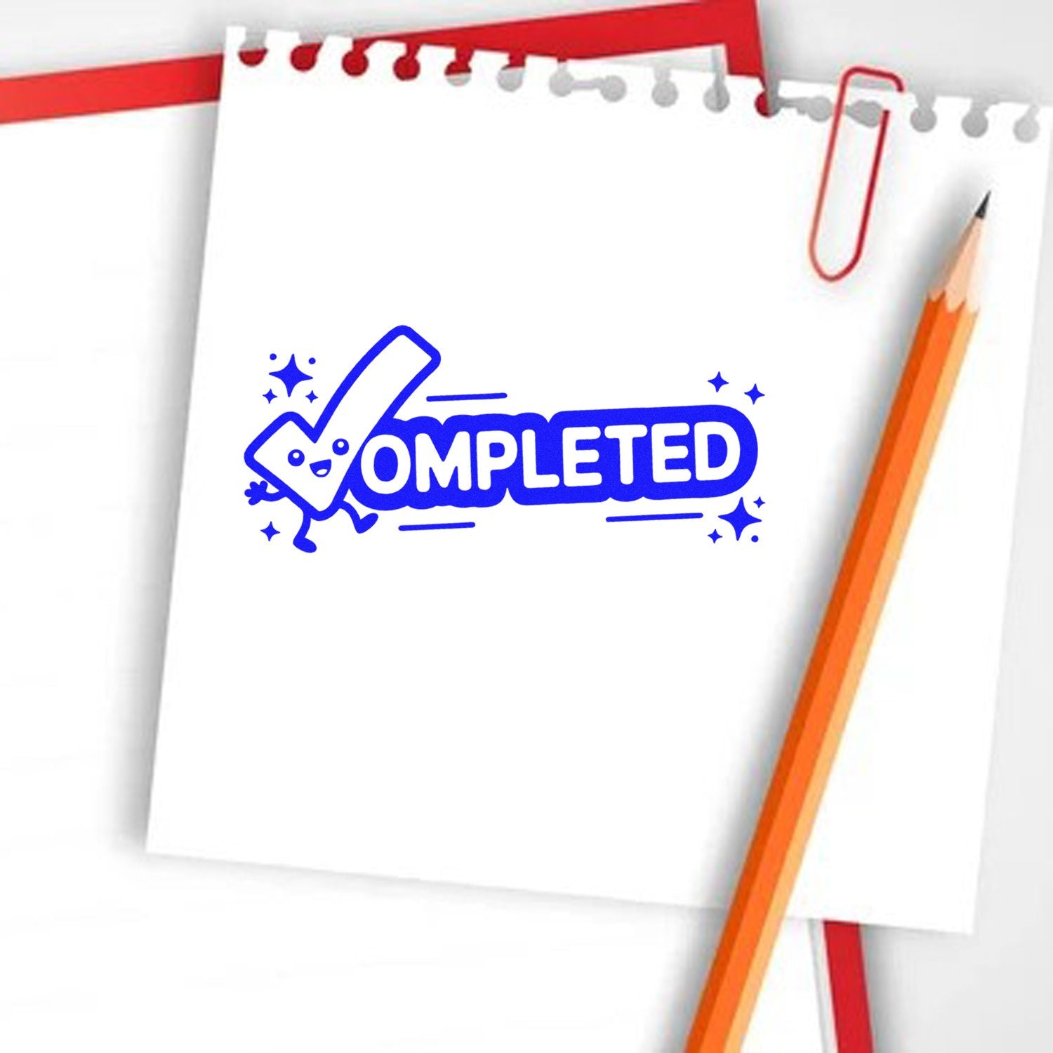 Completed rubber stamp with checkmark icon on notebook paper, ideal for planners, teachers, and office workflow.