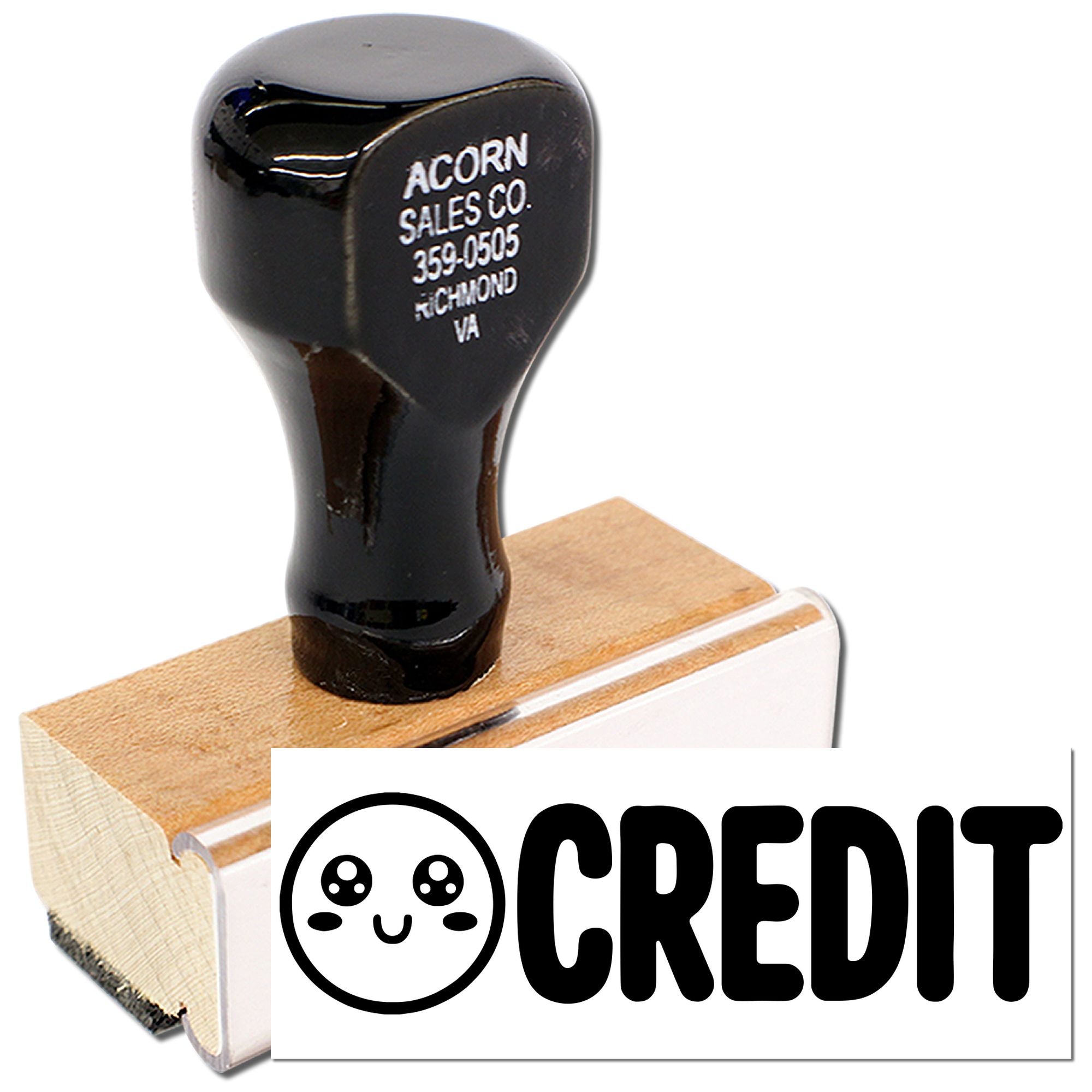 Custom credit rubber stamp with wood handle, ideal for marking invoices, sales records, and payment approval.