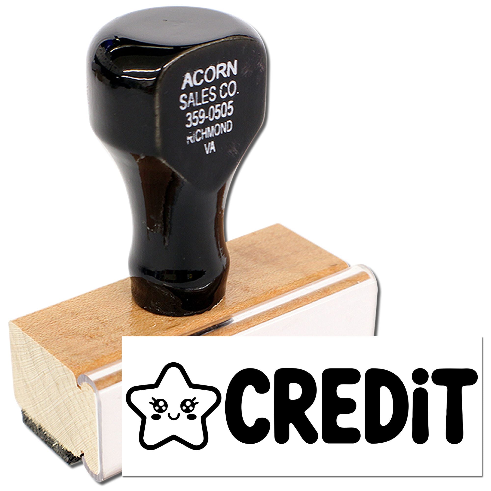 Custom credit rubber stamp with wooden handle and logo, ideal for business approval marks and office labeling.