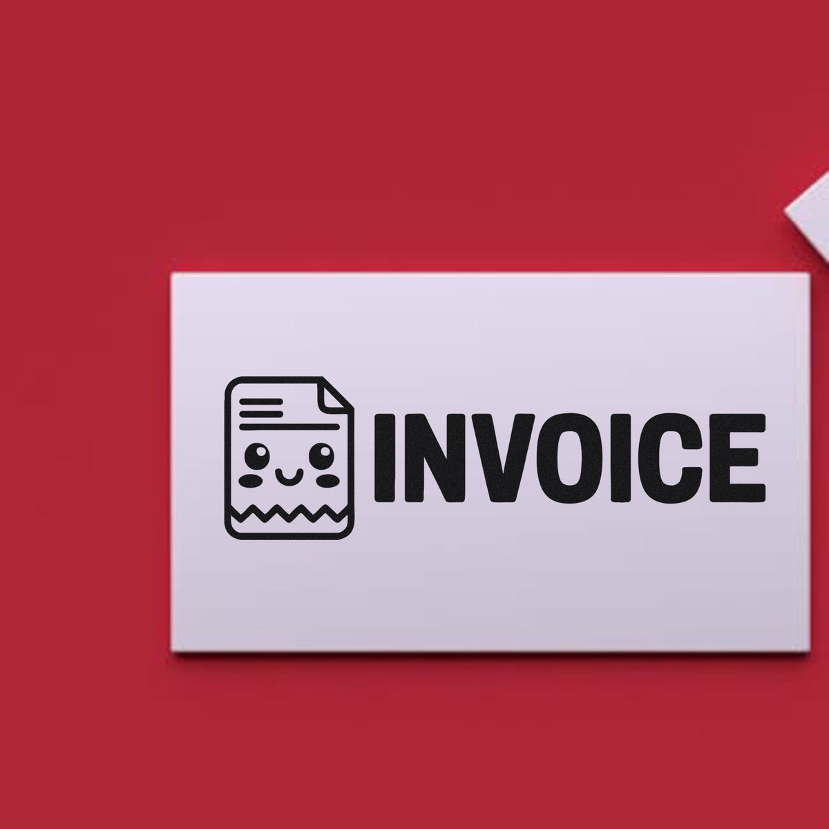 Invoice rubber stamp design with smiling document icon on red background for billing, accounting, and office use.