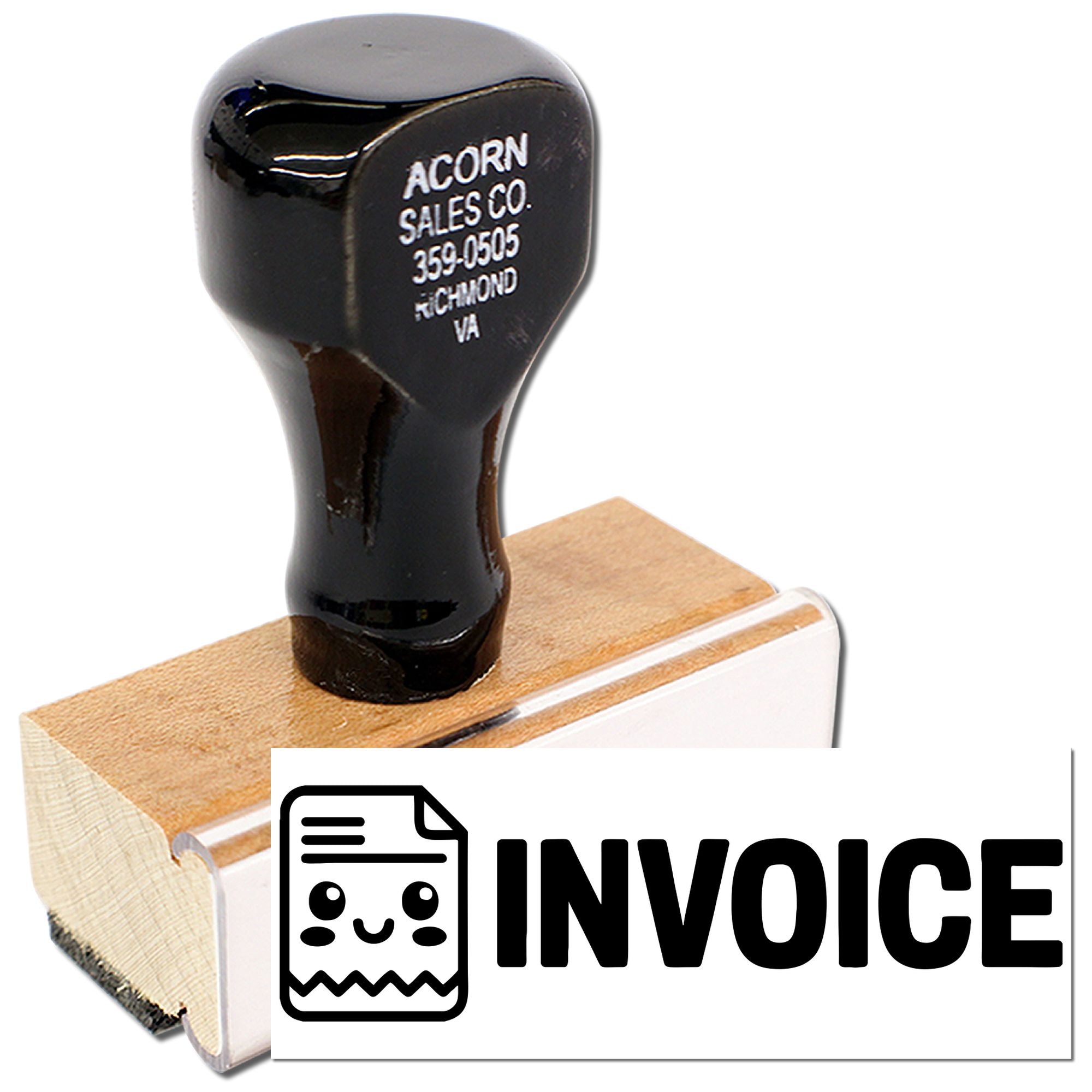 Custom invoice rubber stamp for business paperwork, featuring bold INVOICE text on a wooden hand stamp.
