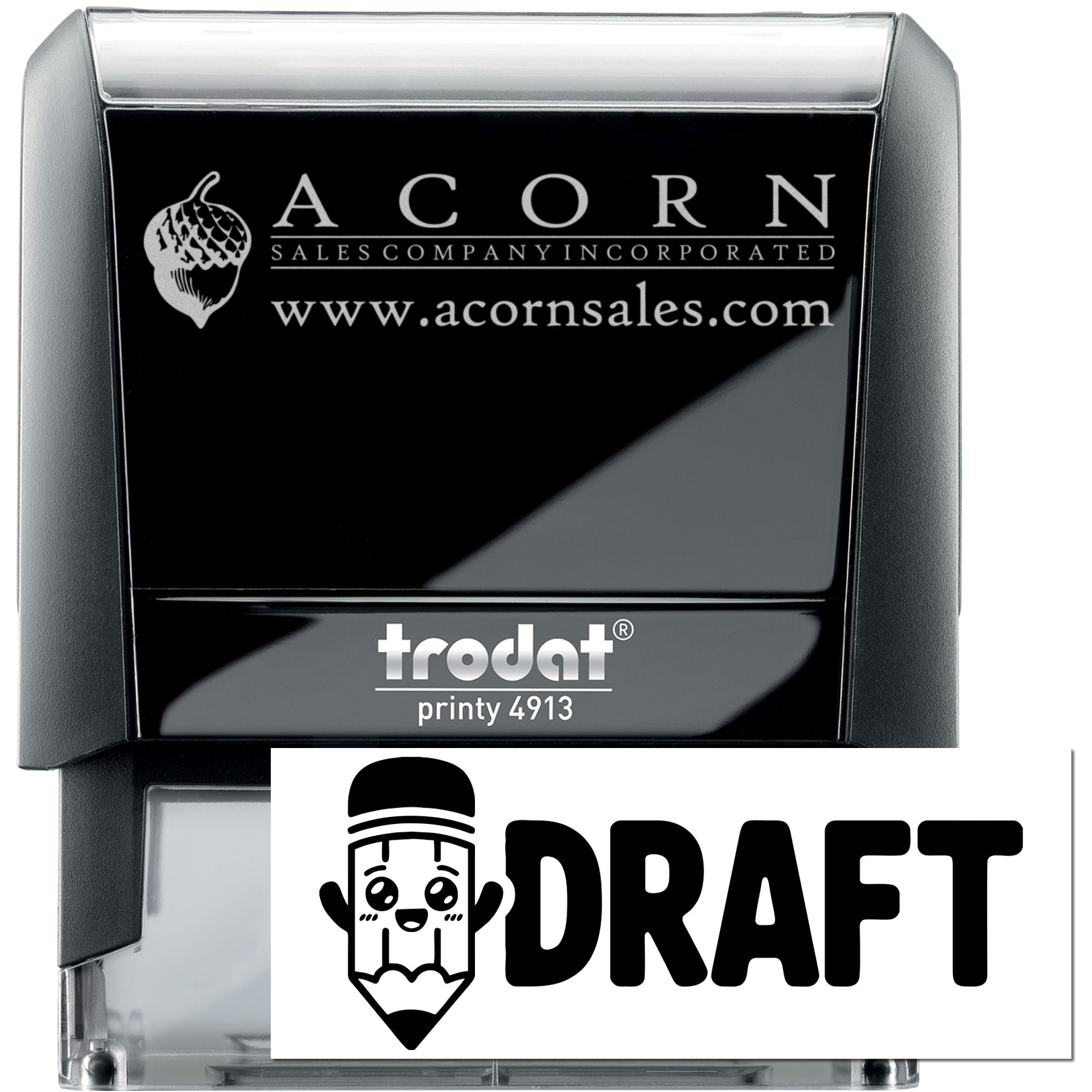 Custom Trodat Printy 4913 self-inking rubber stamp with Acorn Sales Company logo and draft imprint