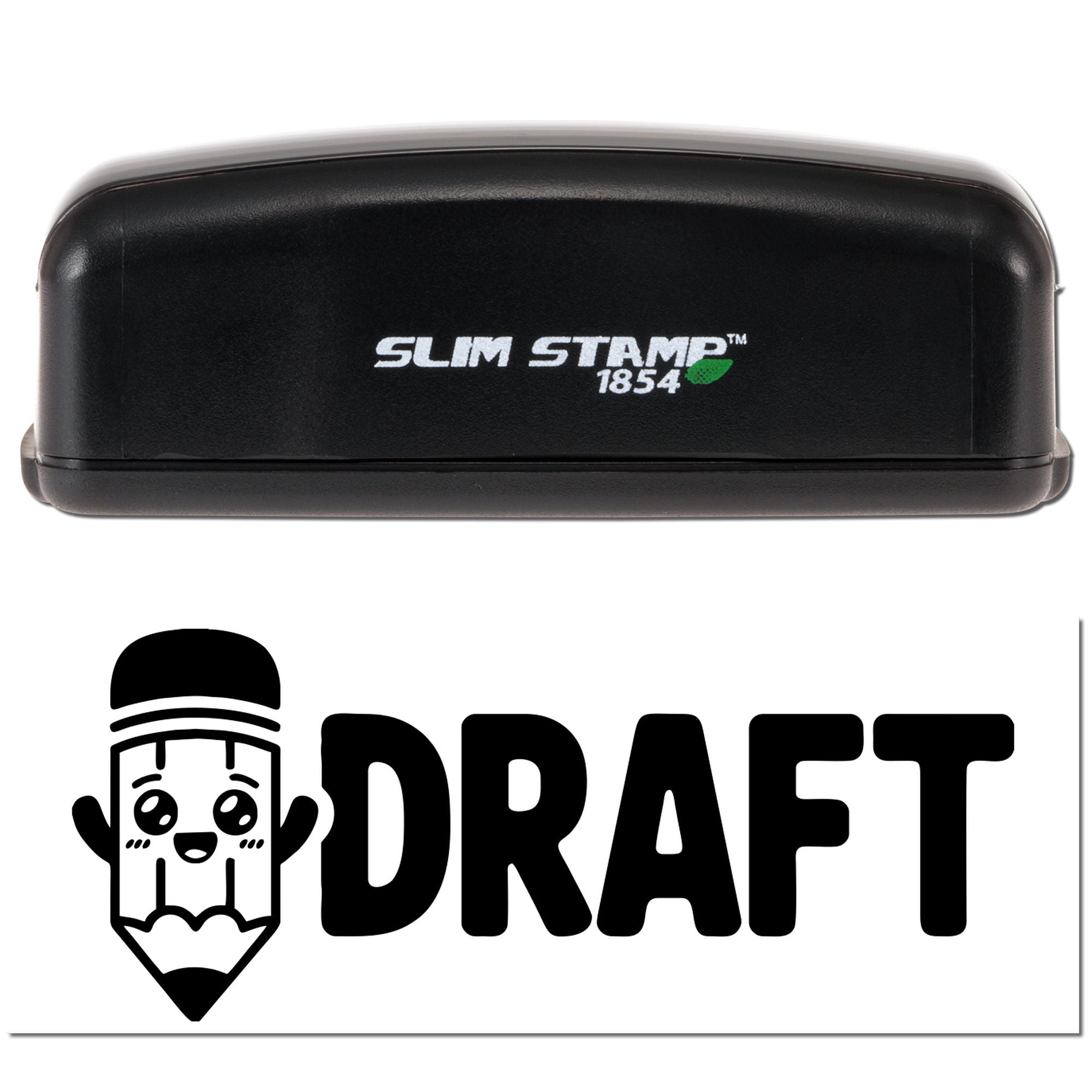 Slim Stamp 1854 black self-inking rubber stamp with DRAFT pencil logo for office, approval, and proofing use.