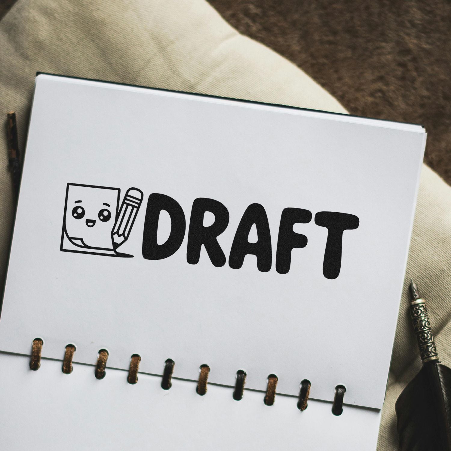 Custom draft rubber stamp with cute pencil icon on notebook page.