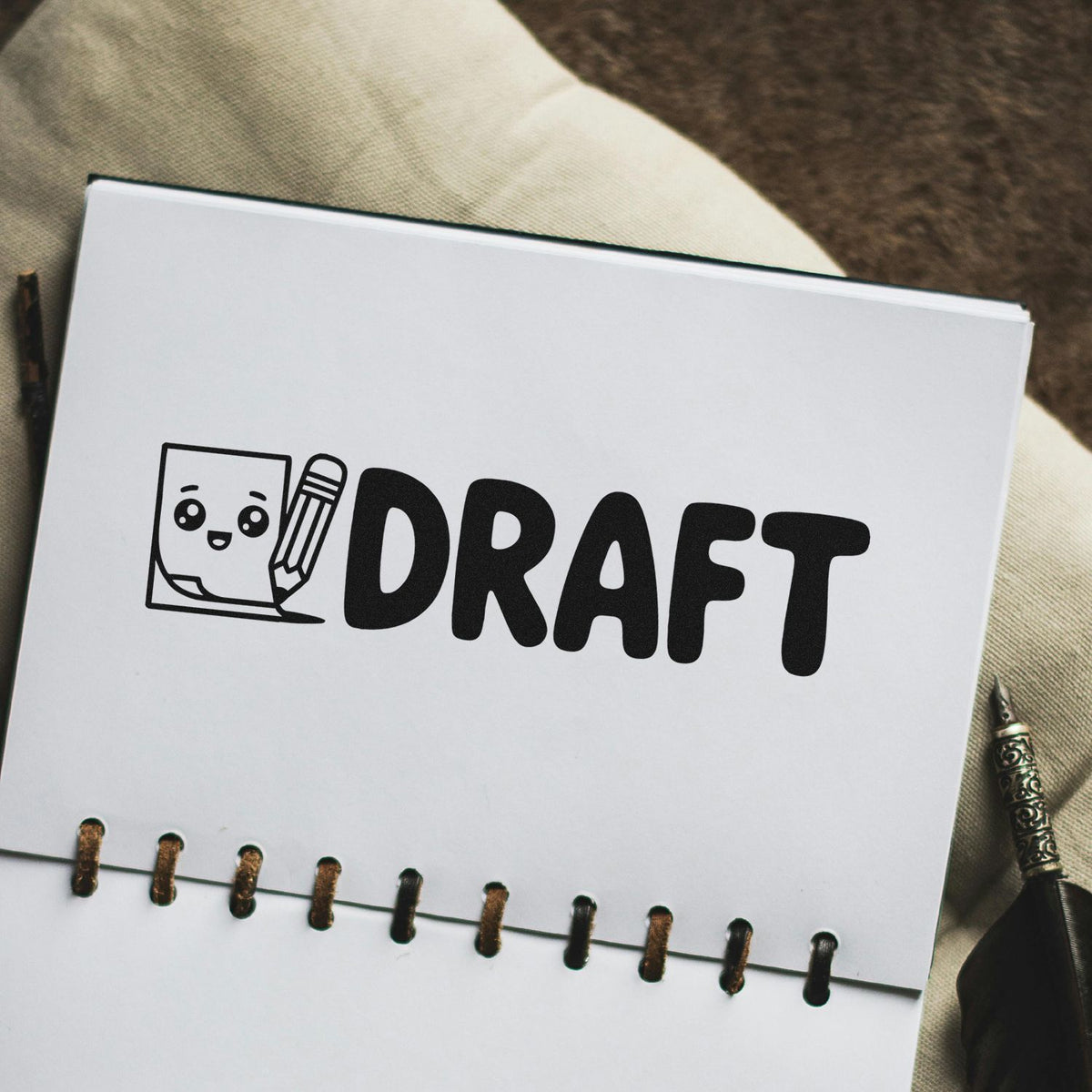 Cute draft rubber stamp design with pencil icon on notebook page, ideal for stationery, planner, and office use.