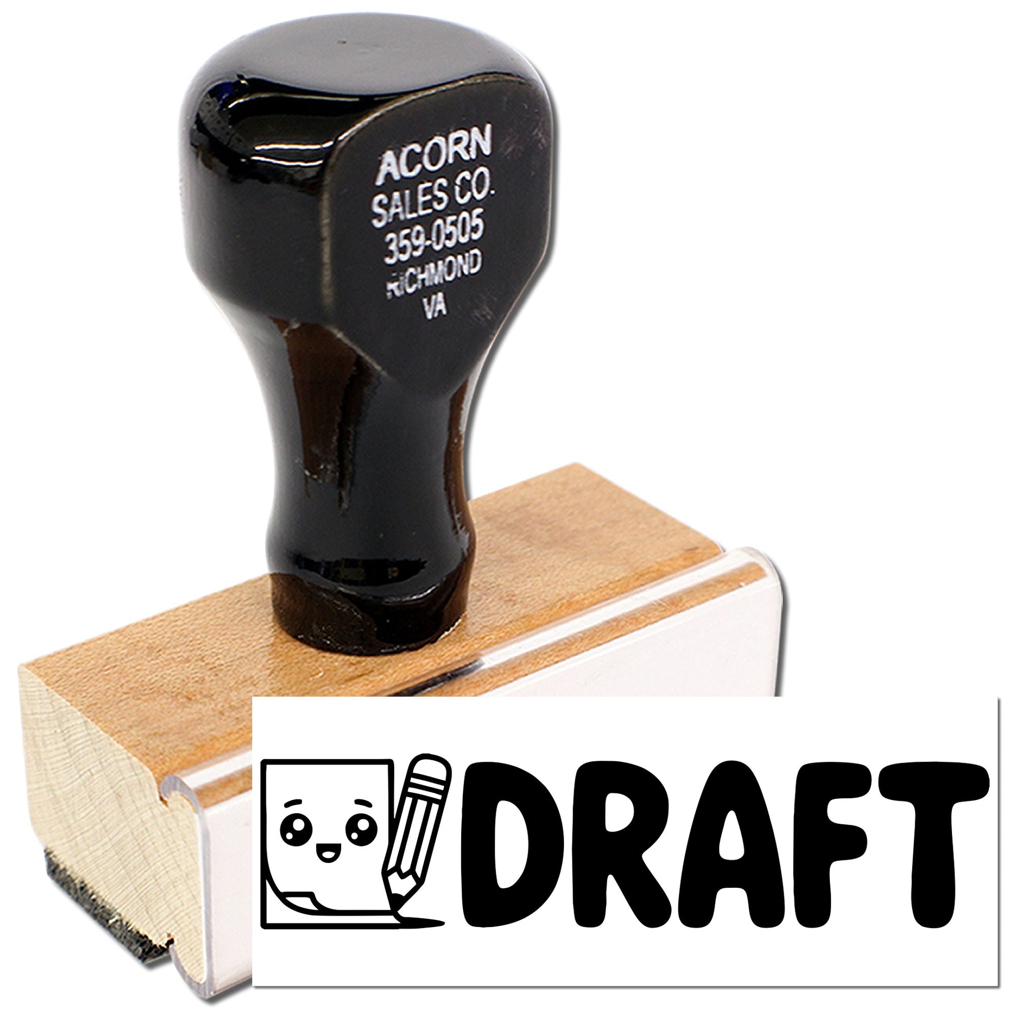 Custom DRAFT rubber stamp for document control, with wooden base and black handle.