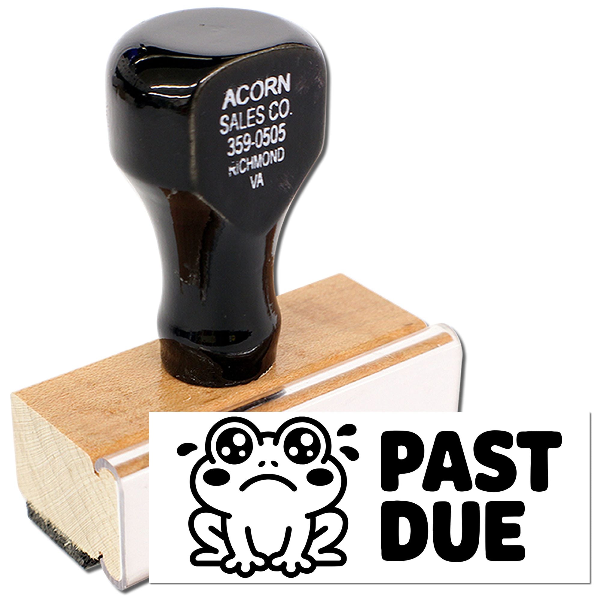 Past Due rubber stamp with sad frog design for marking overdue invoices, bills, and late payments.